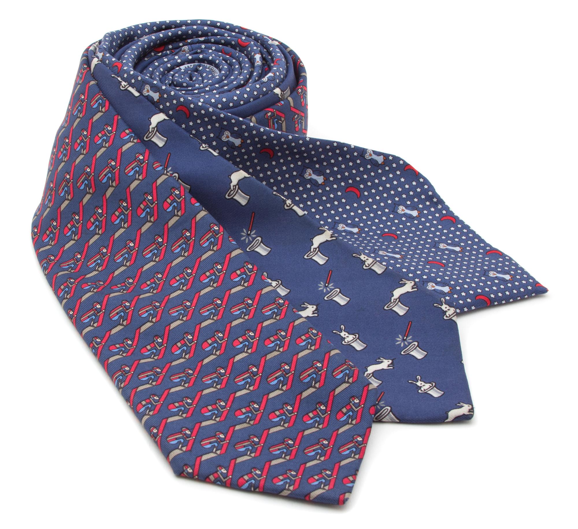 A Group of Three Hermes Blue Silk Ties, 3.25" wide; Magic trick: 4" wide.