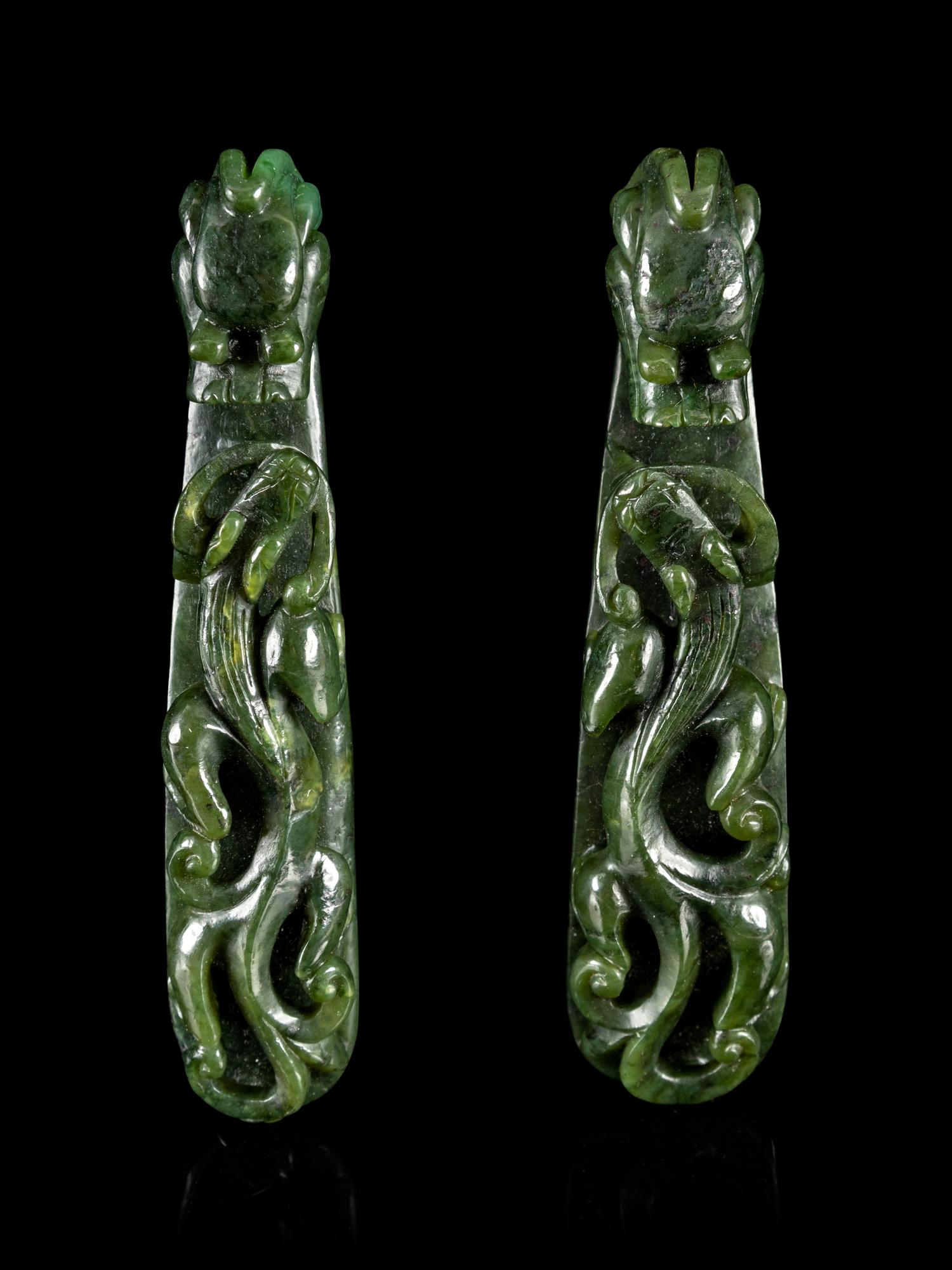A Pair of Chinese Spinach Jade Belt Hooks