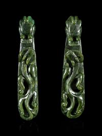 A Pair of Chinese Spinach Jade Belt Hooks