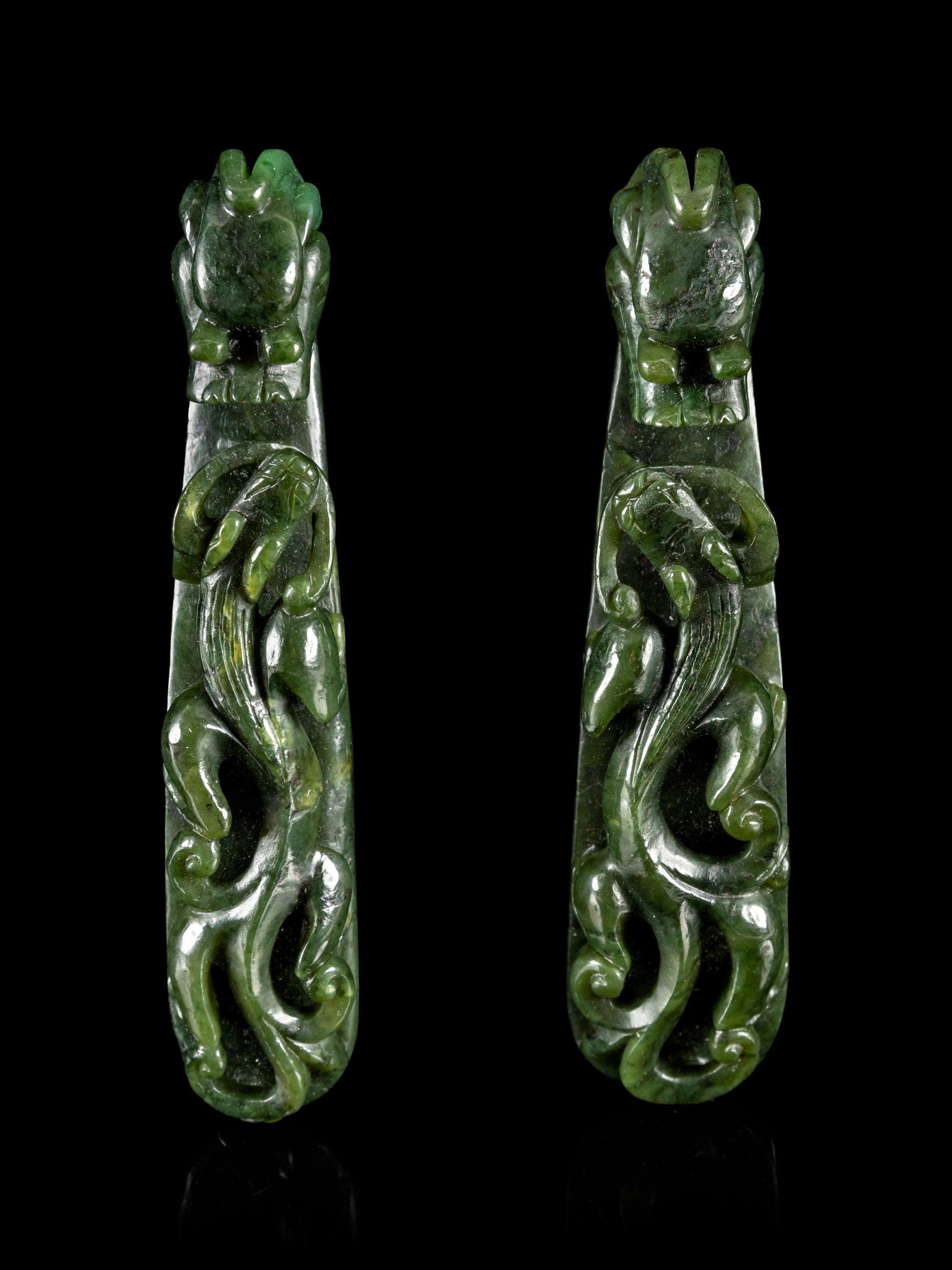 A Pair of Chinese Spinach Jade Belt Hooks