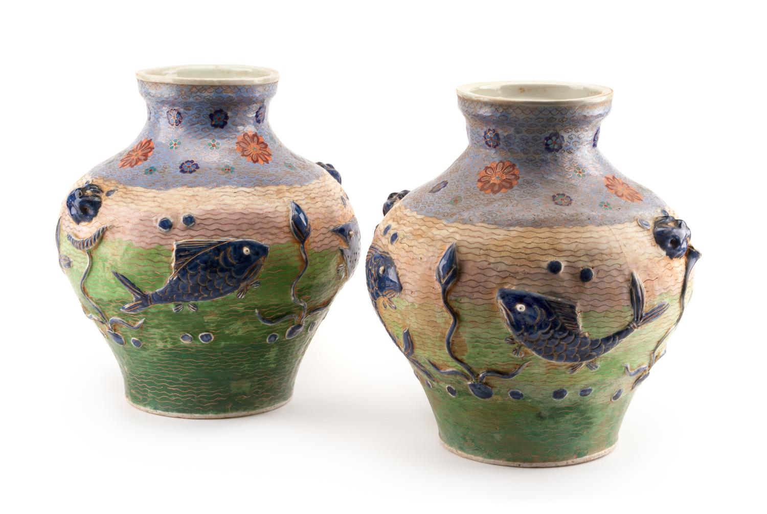 A Pair of Chinese Cloisonne Over Porcelain Vases Height 15 inches.