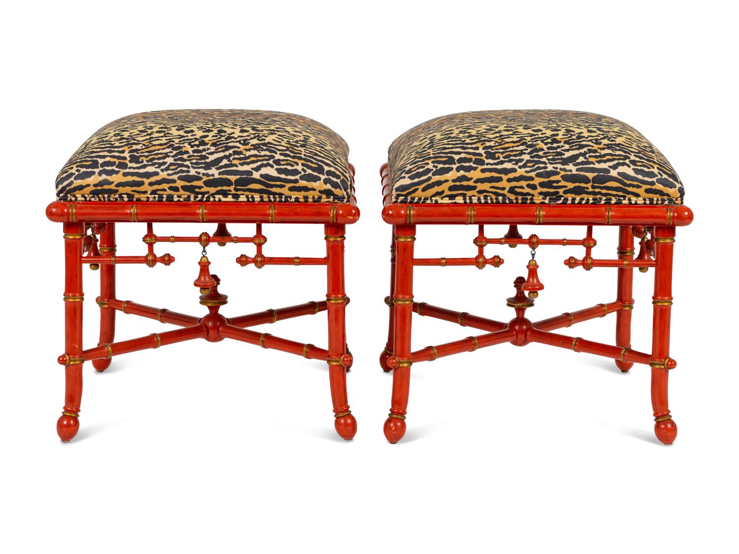 A Pair of Chinoiserie Style Red Lacquered Stools — BAKER, 20TH CENTURY