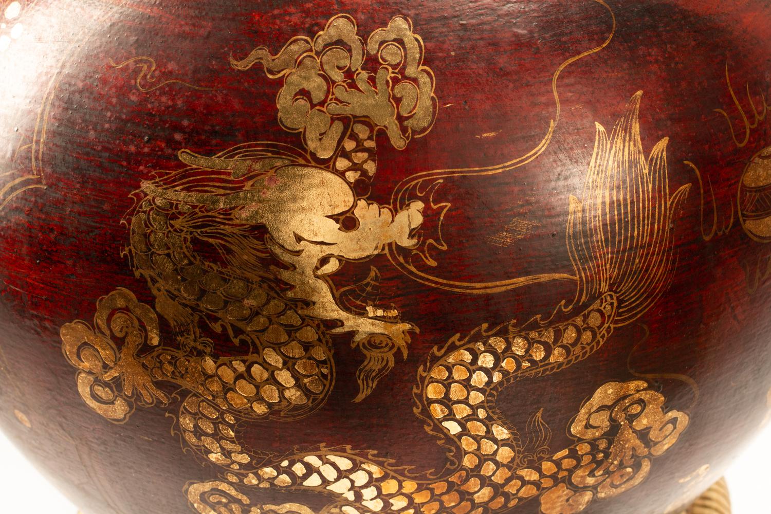 A Pair of Chinese Export Gold and Red Lacquer Vases with Gilt Bronze Stands