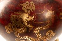 A Pair of Chinese Export Gold and Red Lacquer Vases with Gilt Bronze Stands