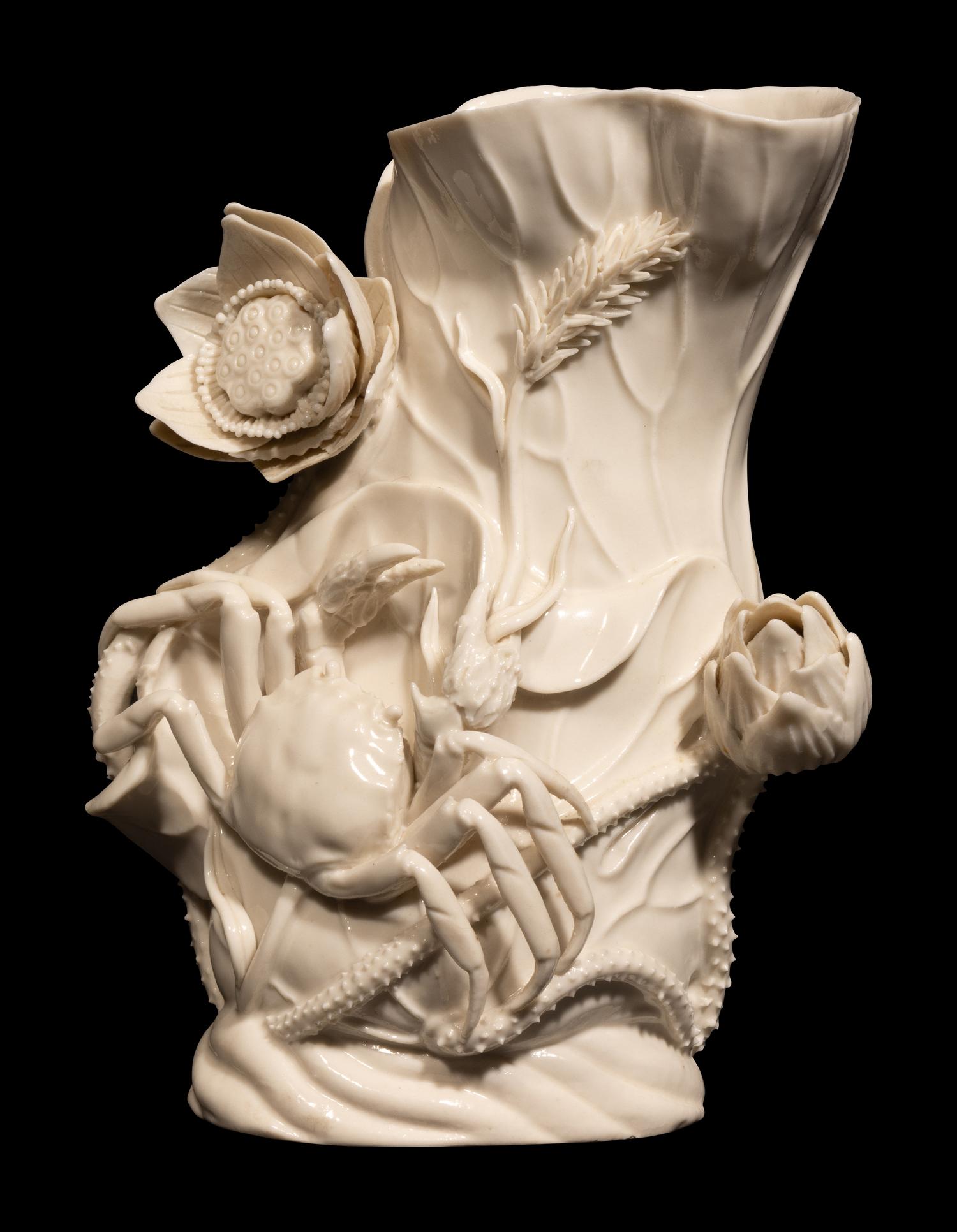 A Chinese Blanc de Chine Porcelain 'Crab and Lotus' Brush Pot