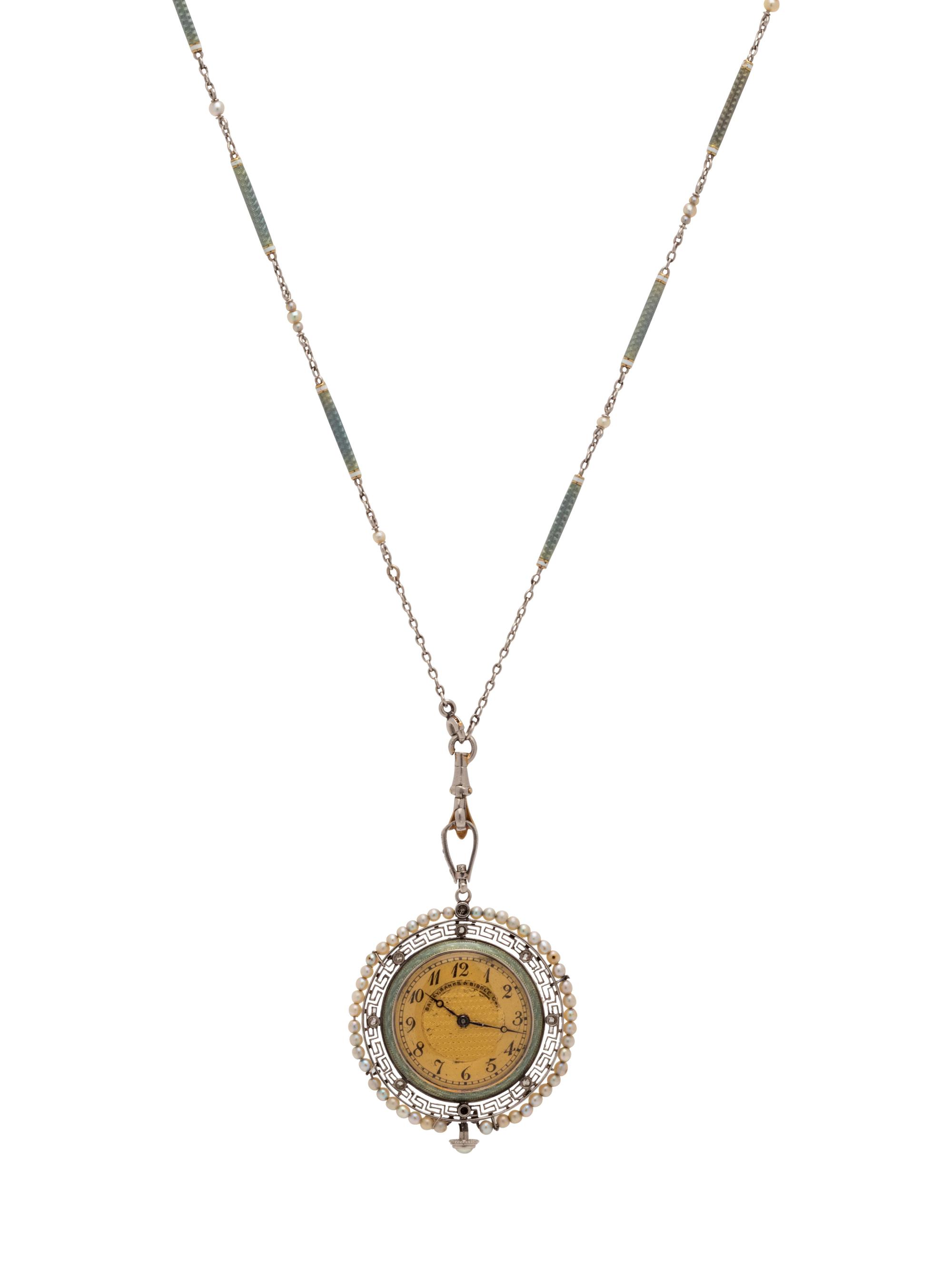 Bailey, Banks & Biddle Co., Edwardian, Diamond, Seed Pearl and Polychrome Enamel Watch Pendant