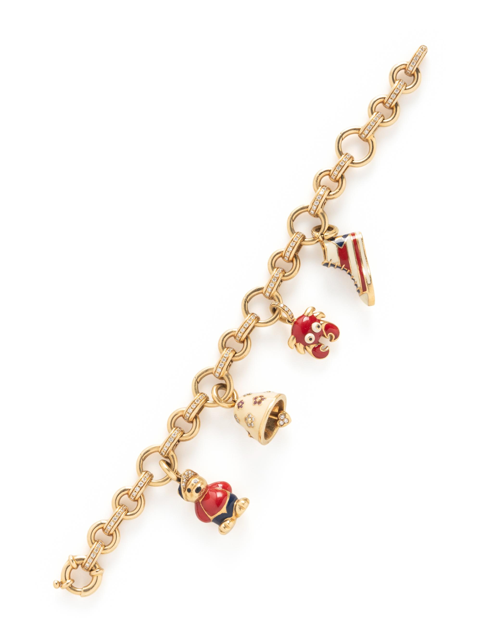 AARON BASHA, YELLOW GOLD, DIAMOND, AND ENAMEL CHARM BRACELET