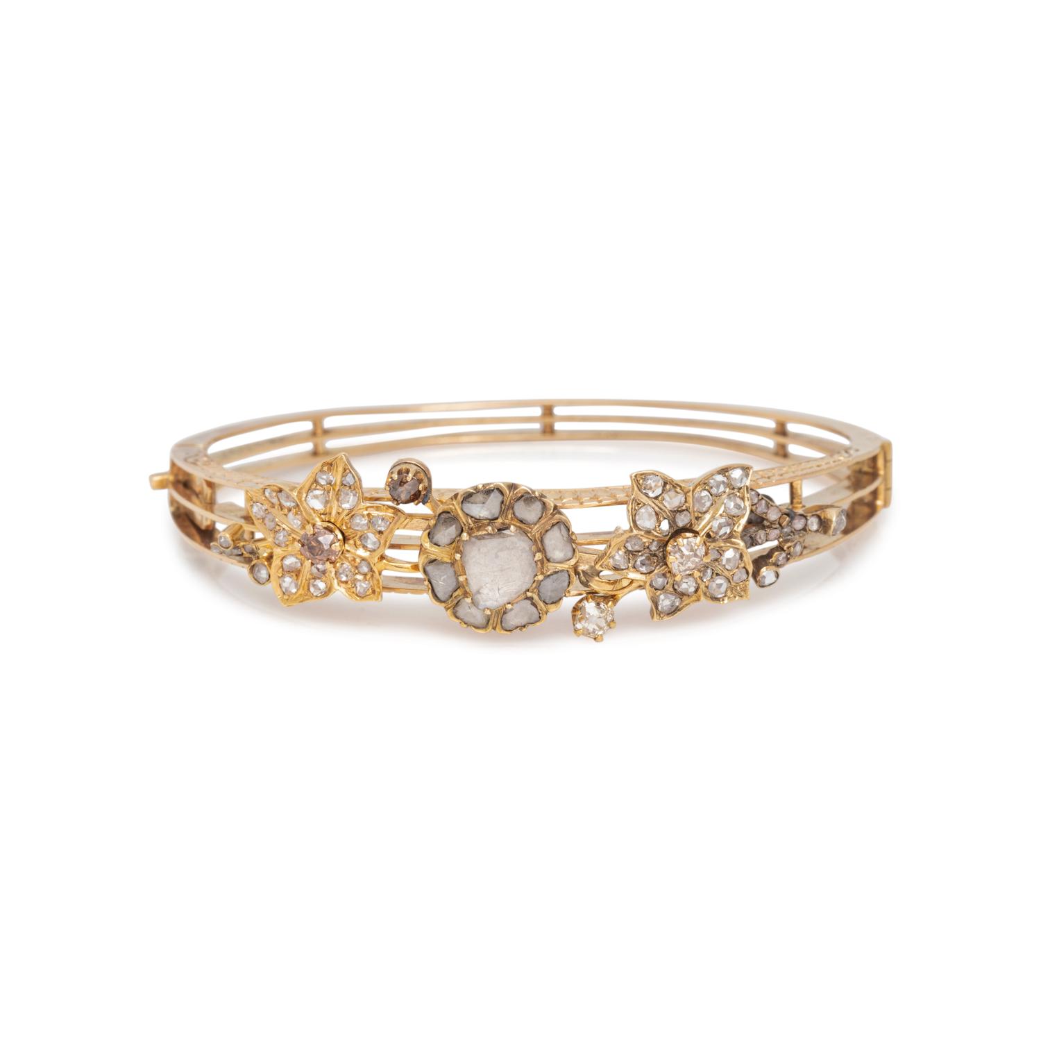 FRENCH, YELLOW GOLD AND DIAMOND BANGLE BRACELET
