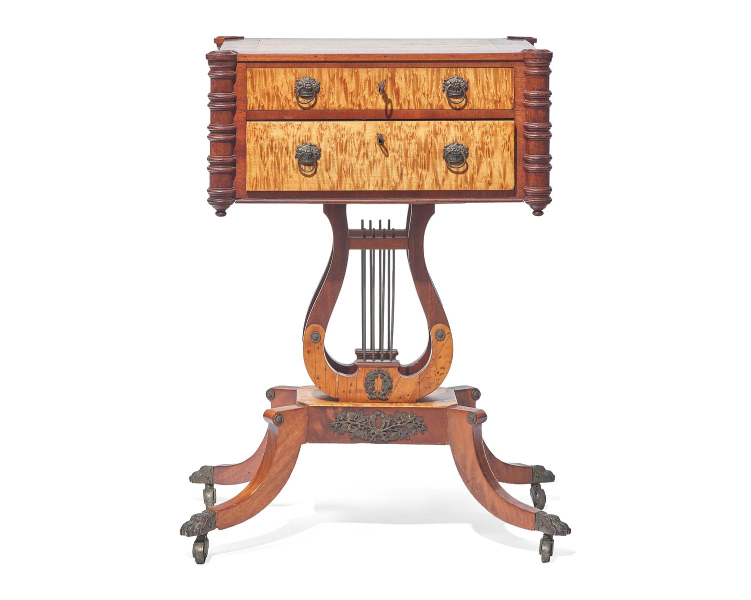 A Federal Mahogany and Figured Maple Lyre Base Sewing Table, Baltimore, MD, Circa 1810