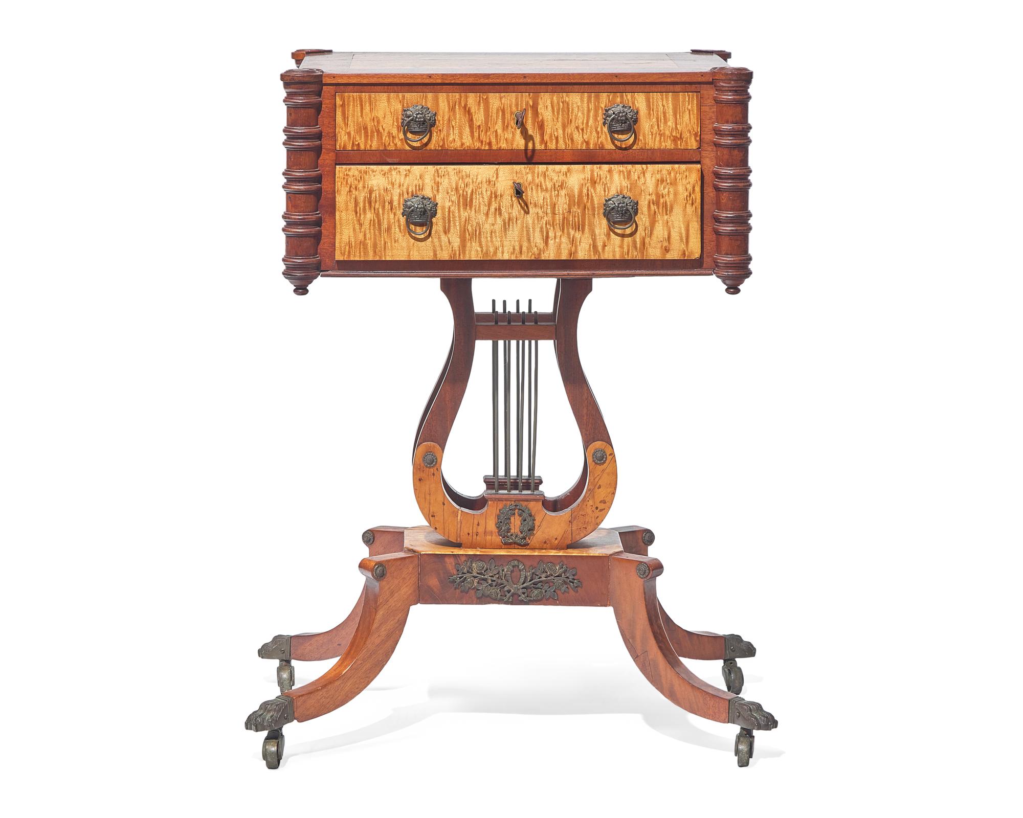 A Federal Mahogany and Figured Maple Lyre Base Sewing Table, Baltimore, MD, Circa 1810