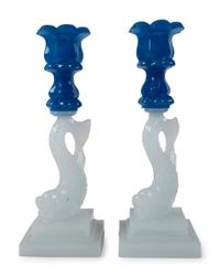 A Pair of Sandwich Glass Dolphin Candlesticks