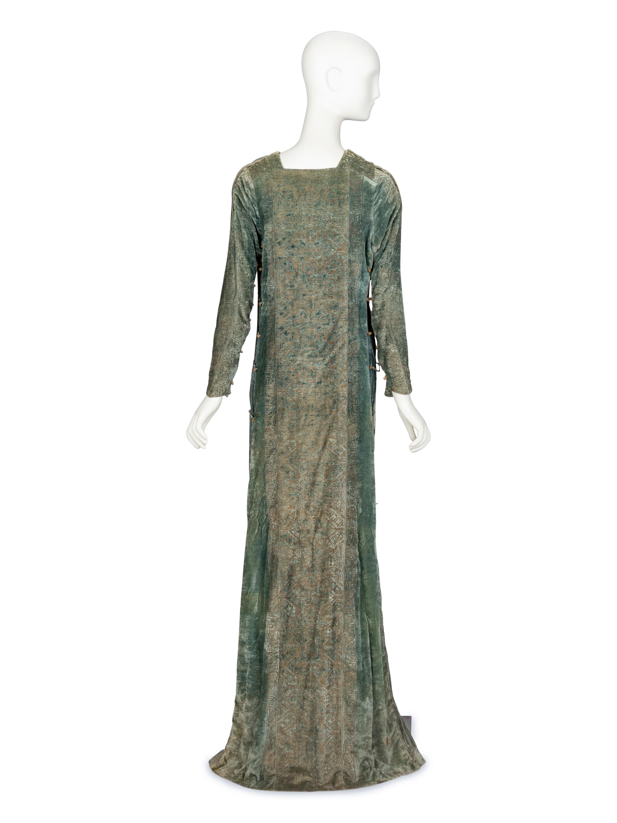 Mariano Fortuny, Stenciled Velvet & Pleated Silk Dress