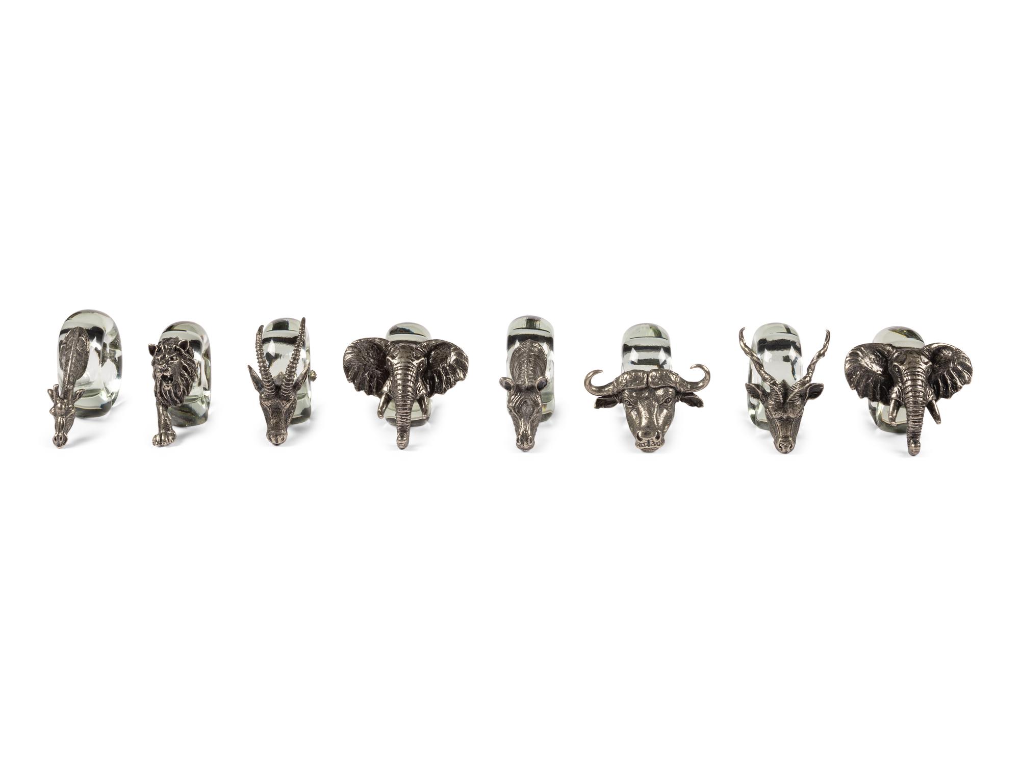 A Set of Eight Ngwenya Glass and Pewter Animal-Form Napkin Rings