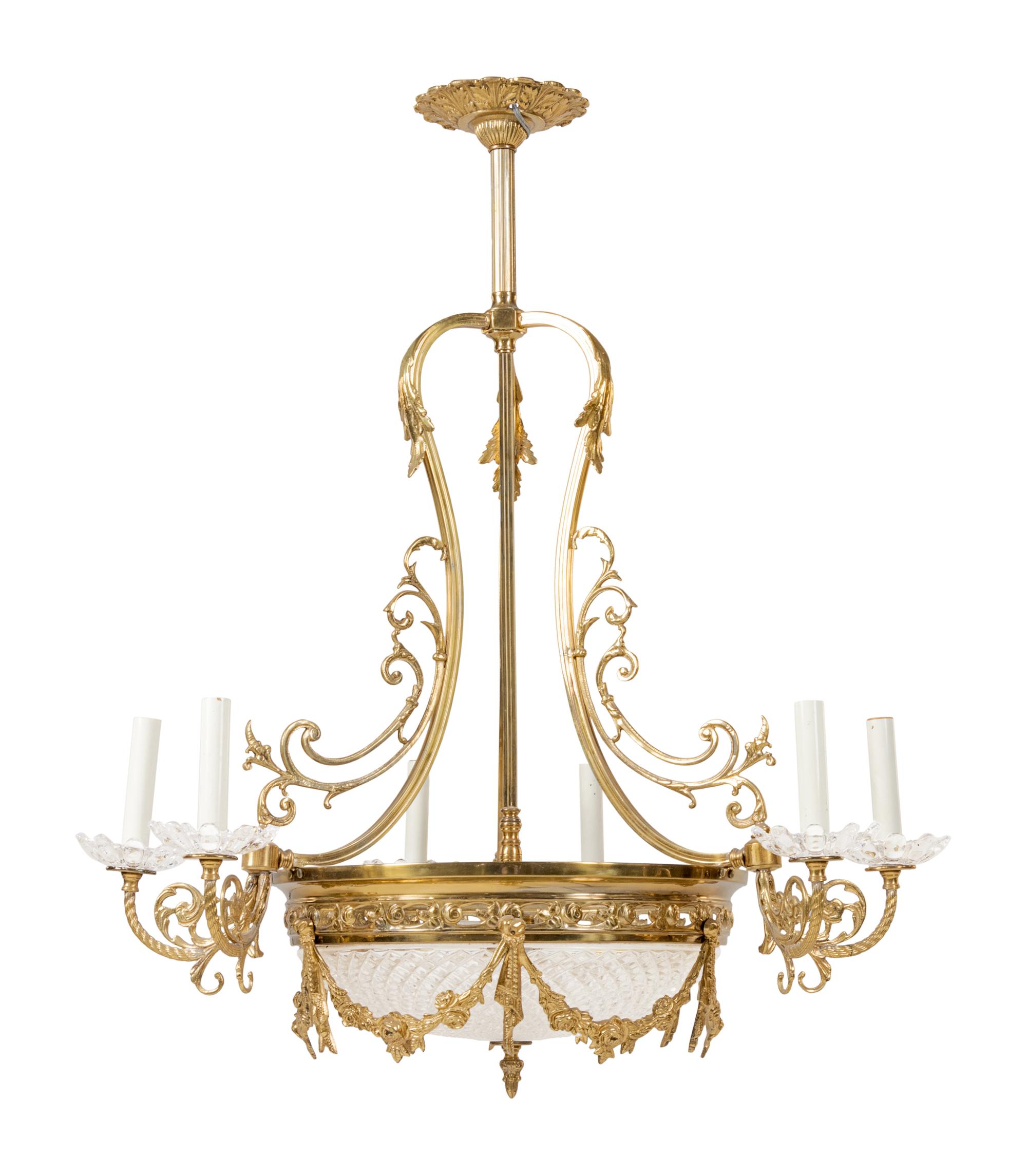 A Louis XV Style Brass and Glass Six-Light Chandelier