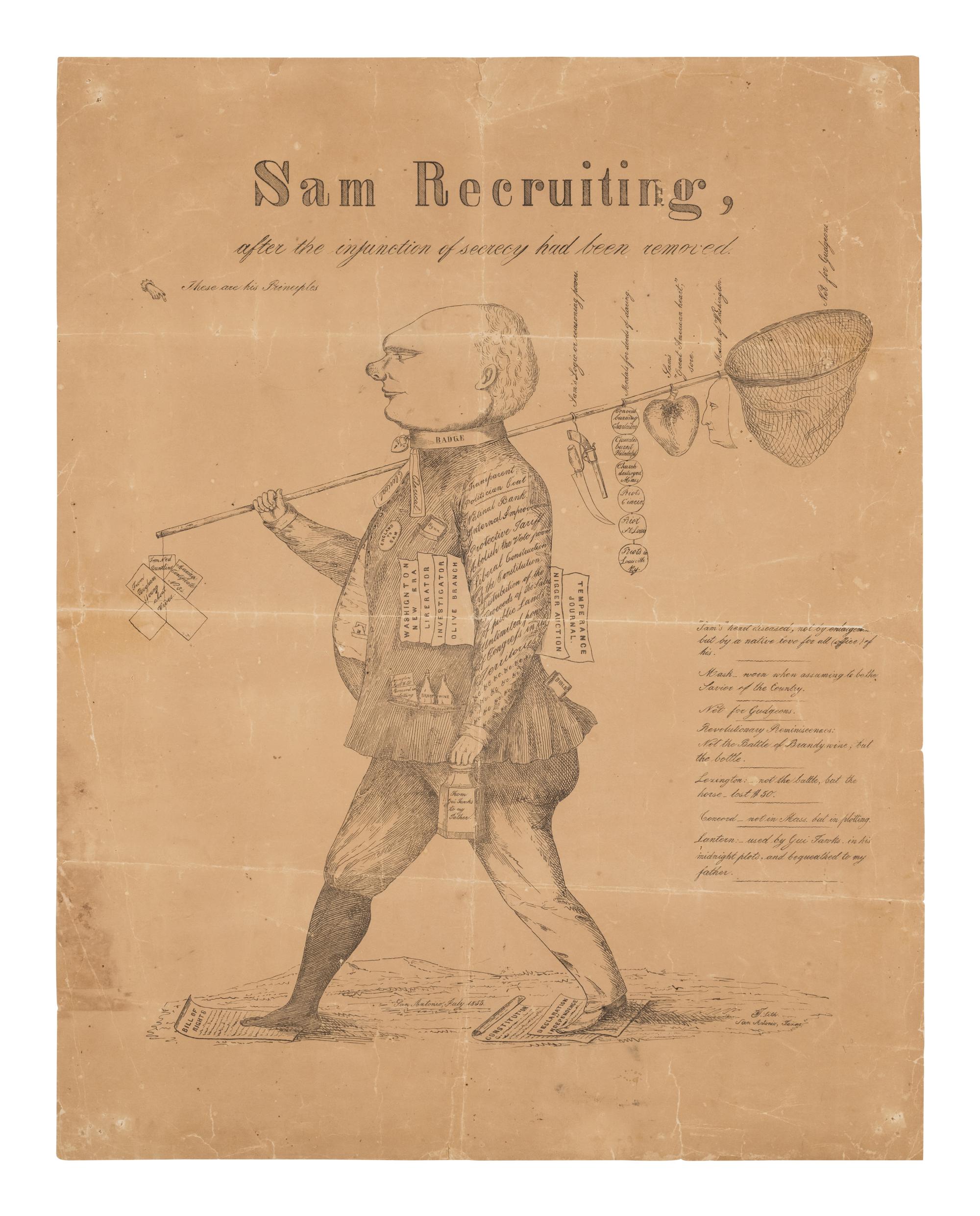 THIELEPAPE, Wilhelm Carl August (1814-1904), lithographer. Sam Recruiting, after the injunction of secrecy had been removed . San Antonio: Thielepape, July 1855.