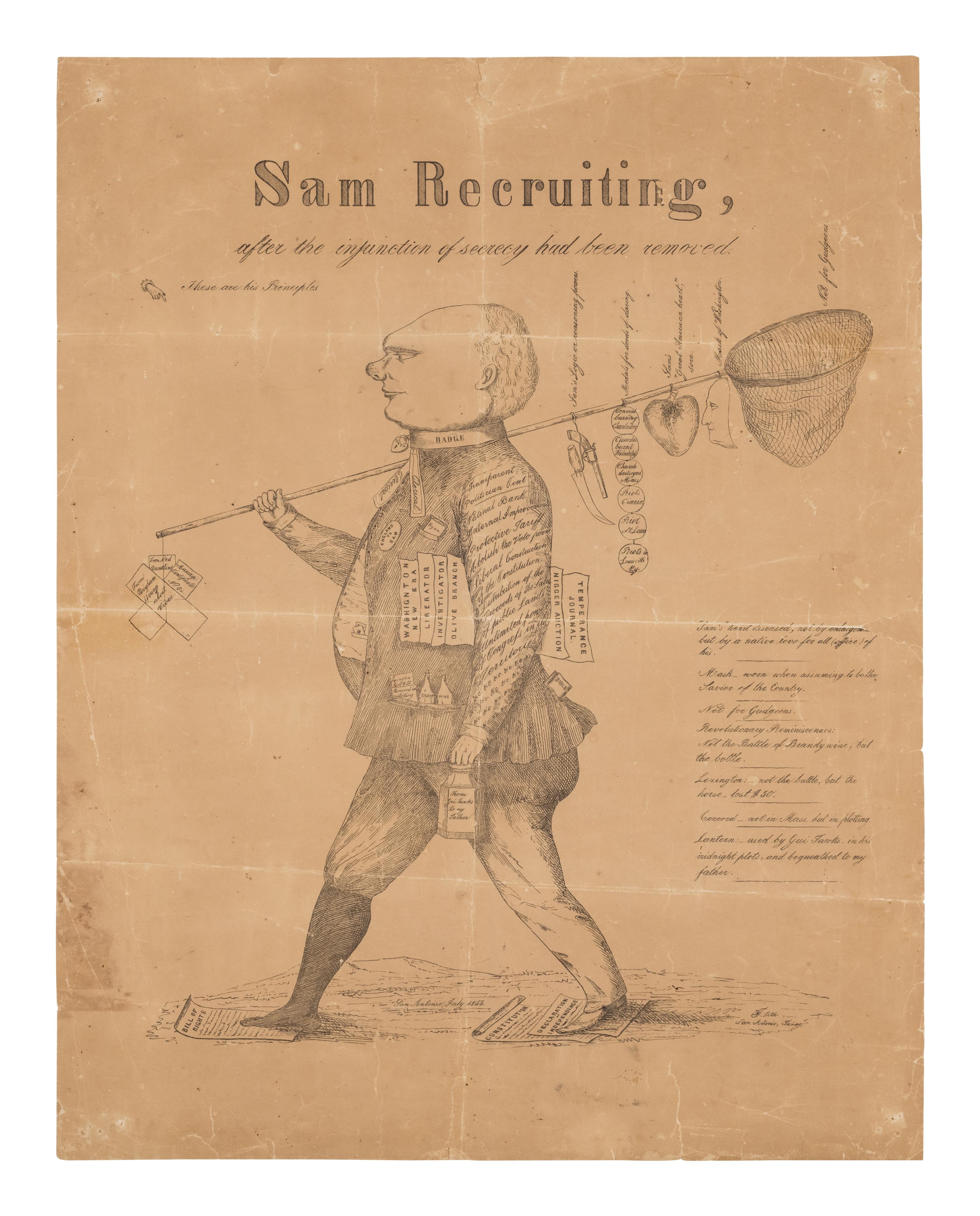 THIELEPAPE, Wilhelm Carl August (1814-1904), lithographer. Sam Recruiting, after the injunction of secrecy had been removed . San Antonio: Thielepape, July 1855.