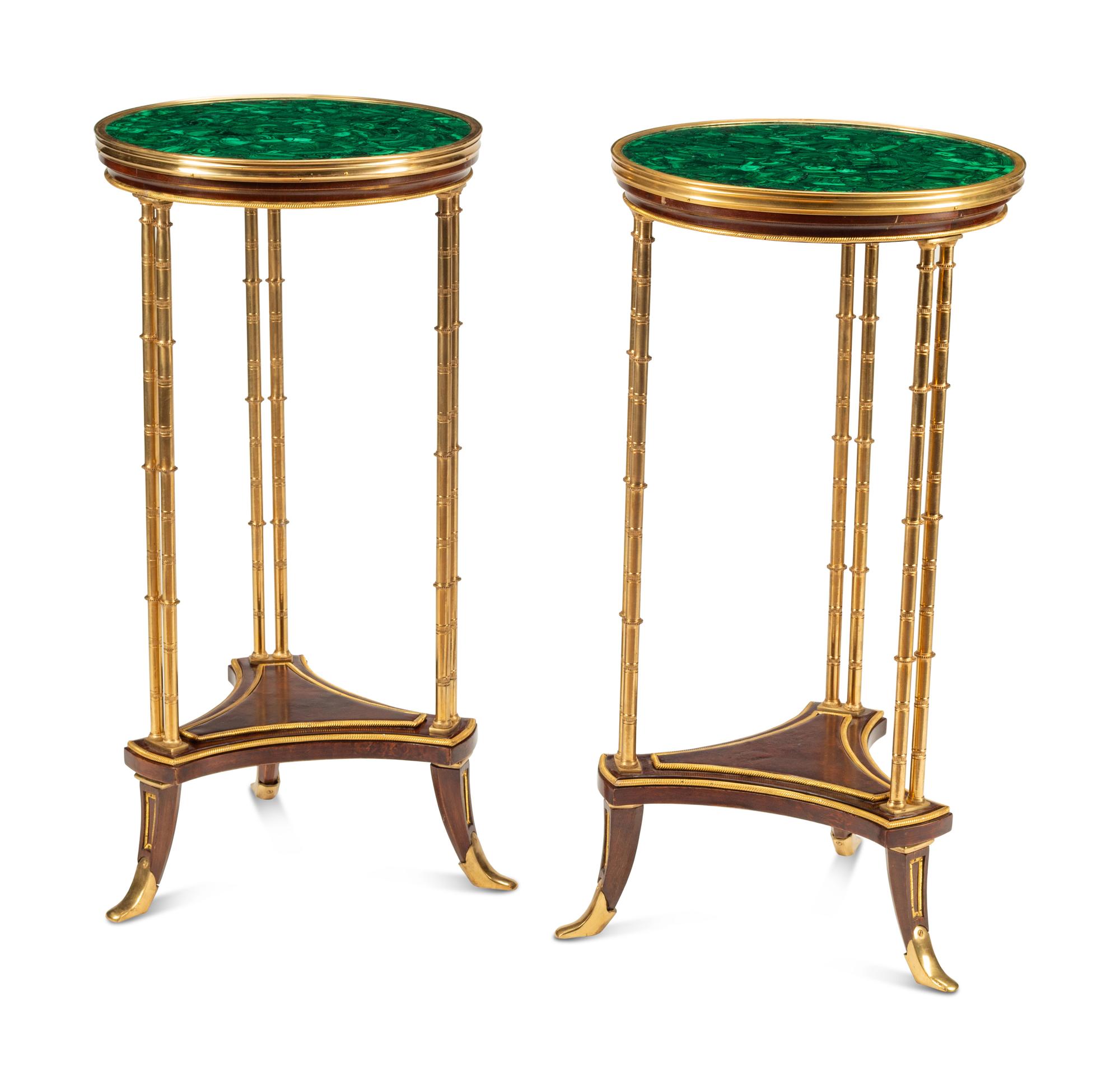 A Pair of Gilt Bronze, Mahogany and Malachite Side Tables