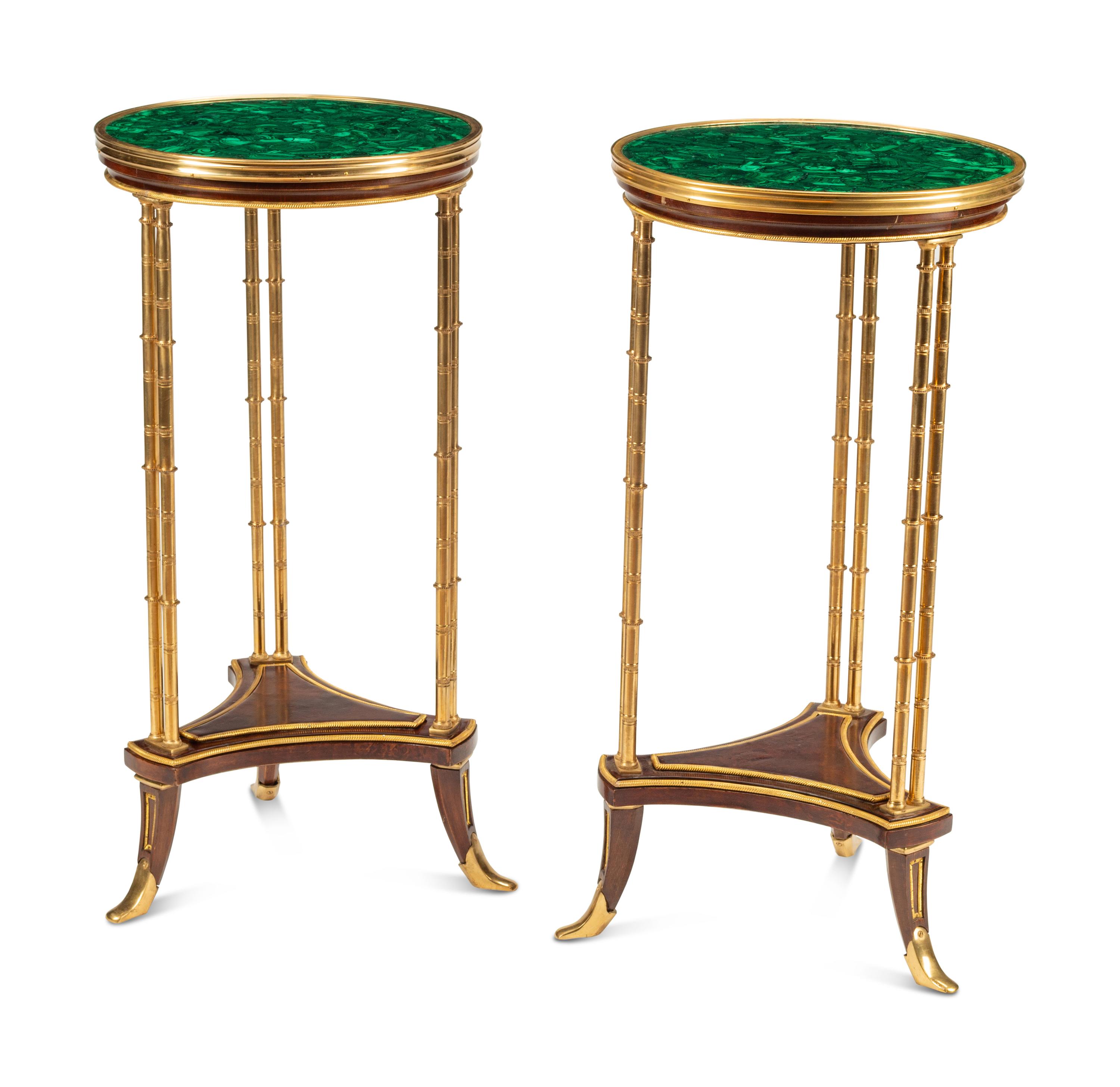 A Pair of Gilt Bronze, Mahogany and Malachite Side Tables