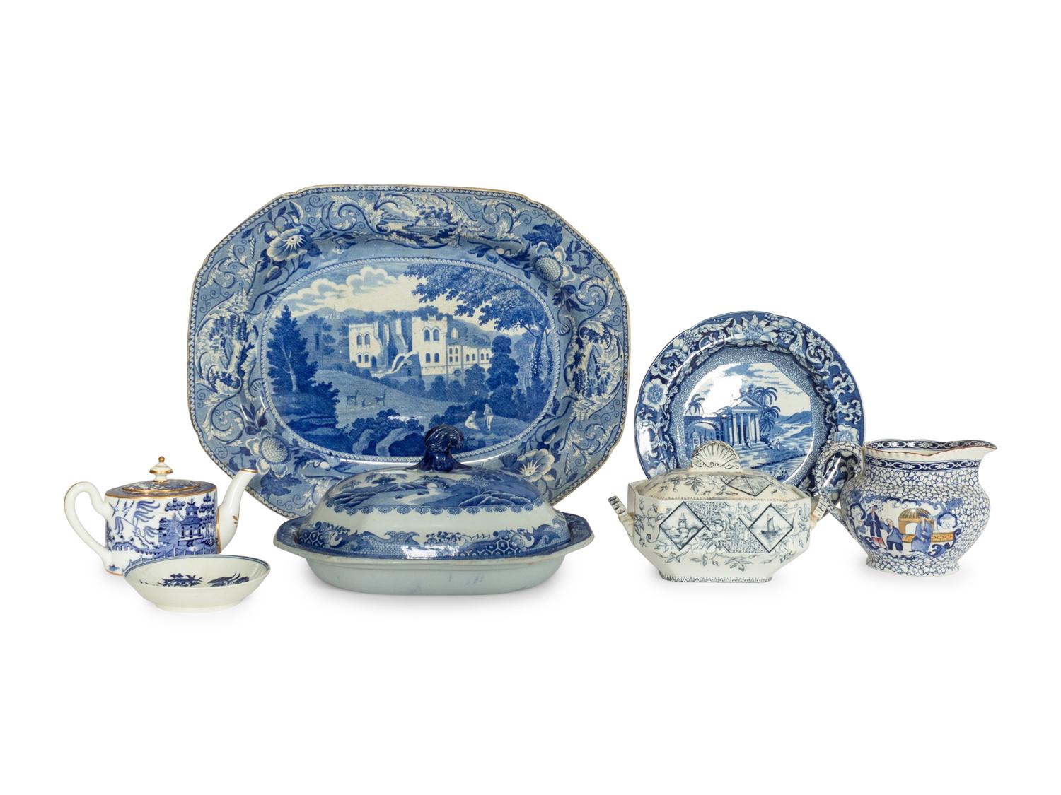 Three English Transferware Articles and a Worcester Porcelain Dish