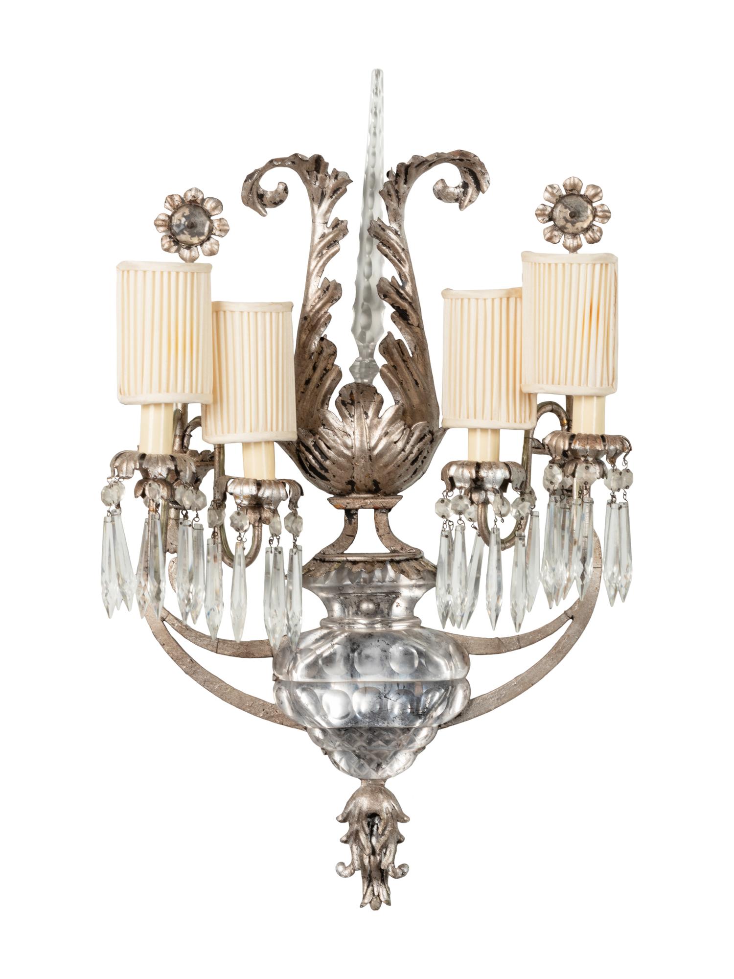 Three Rock Crystal and Silvered Metal Four-Light Sconces