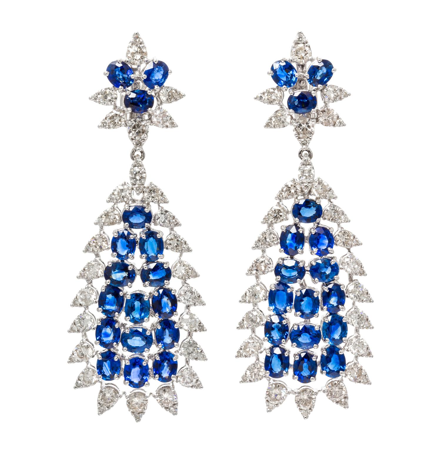 A Pair of 18 Karat White Gold, Sapphire and Diamond Pendant Earclips, 18.00 dwts.