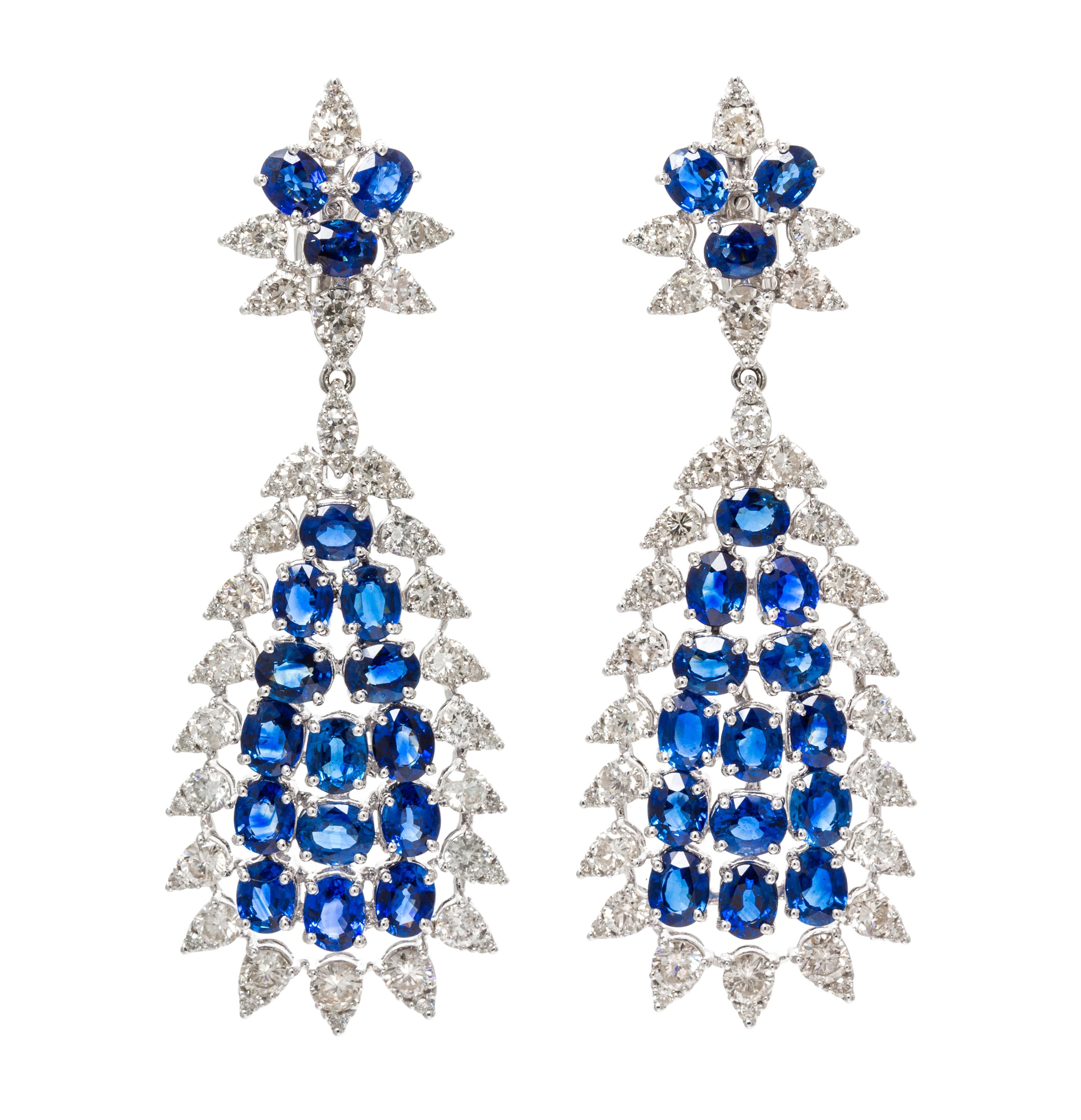 A Pair of 18 Karat White Gold, Sapphire and Diamond Pendant Earclips, 18.00 dwts.