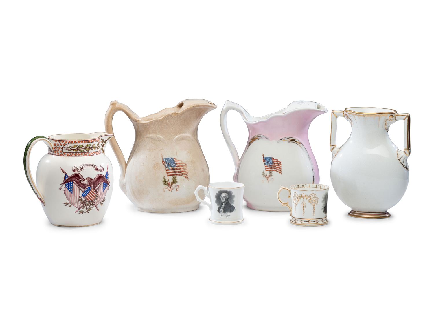 Six Porcelain Political Portrait Pitchers and Mugs