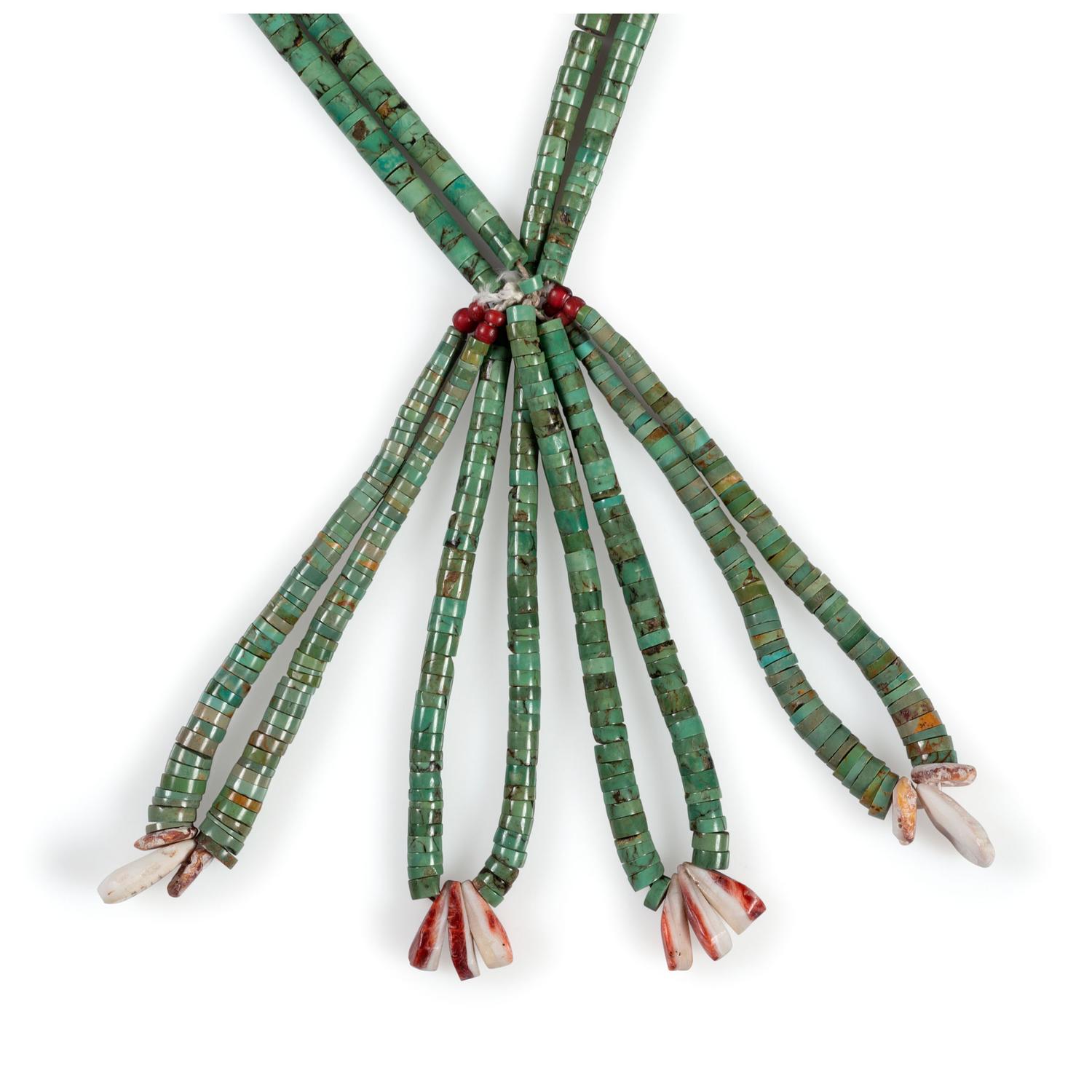 Pueblo Double-Strand Rolled Turquoise and Spiny Oyster Necklace, with Joclas