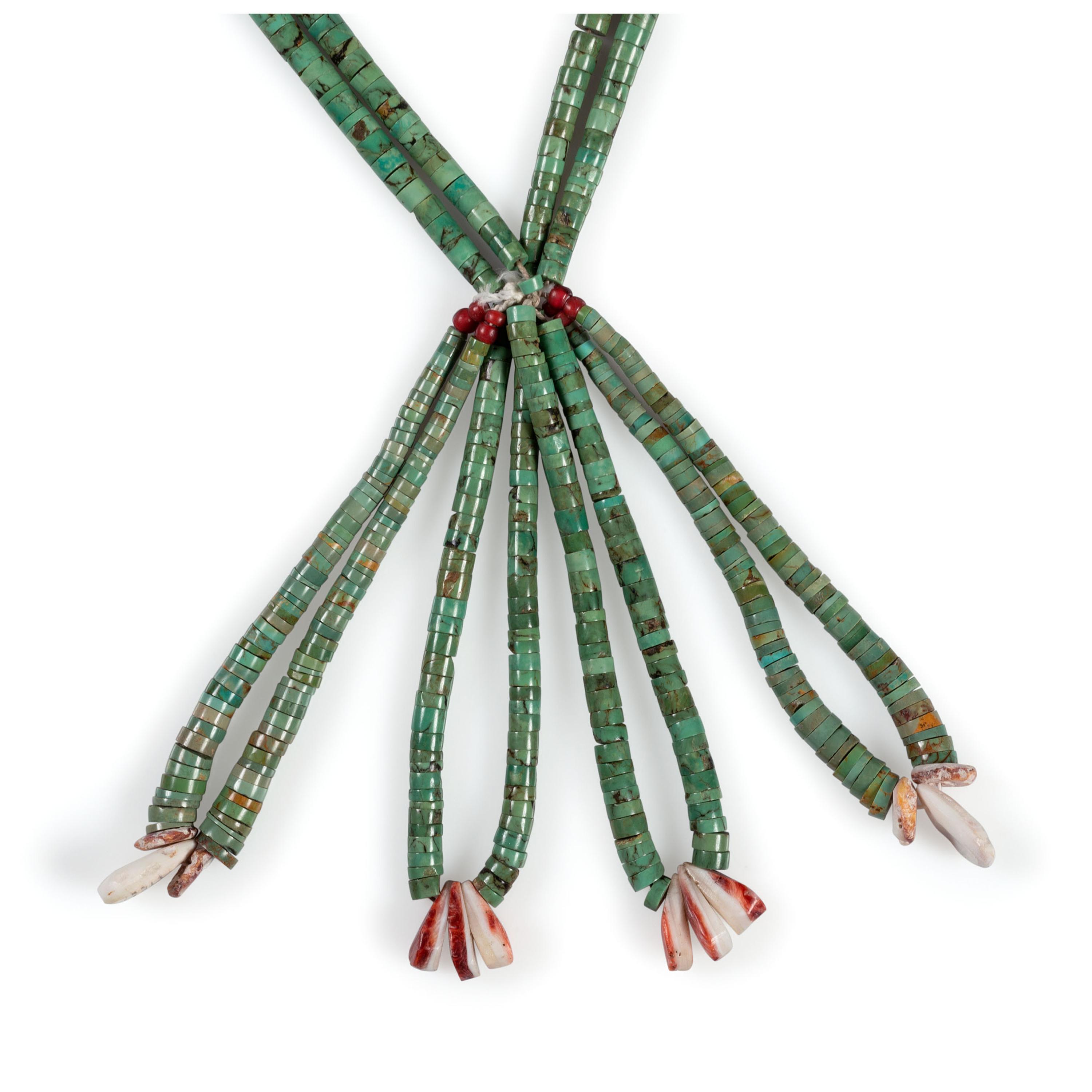 Pueblo Double-Strand Rolled Turquoise and Spiny Oyster Necklace, with Joclas