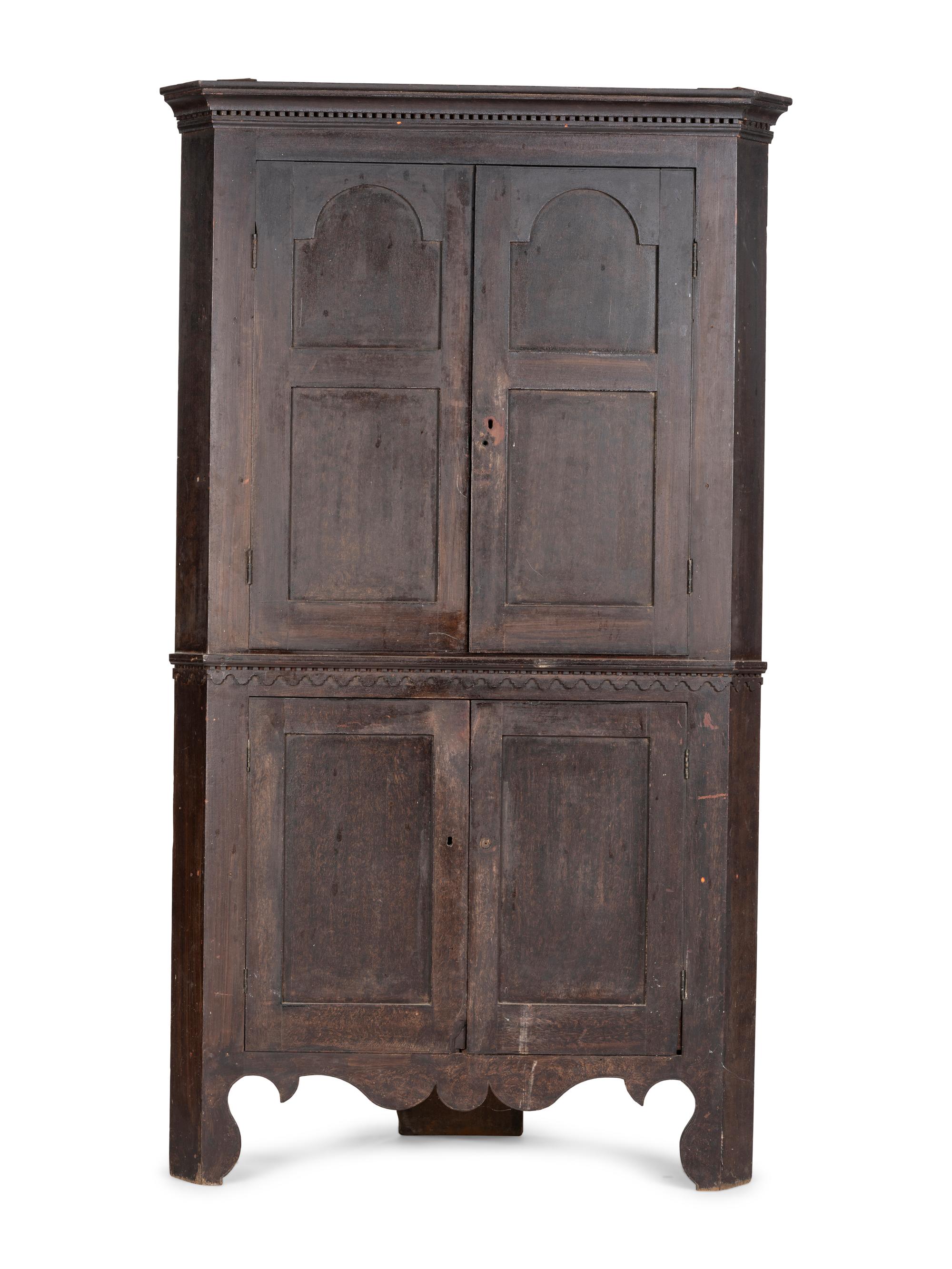 A Federal Grain Painted Cherrywood Corner Cupboard