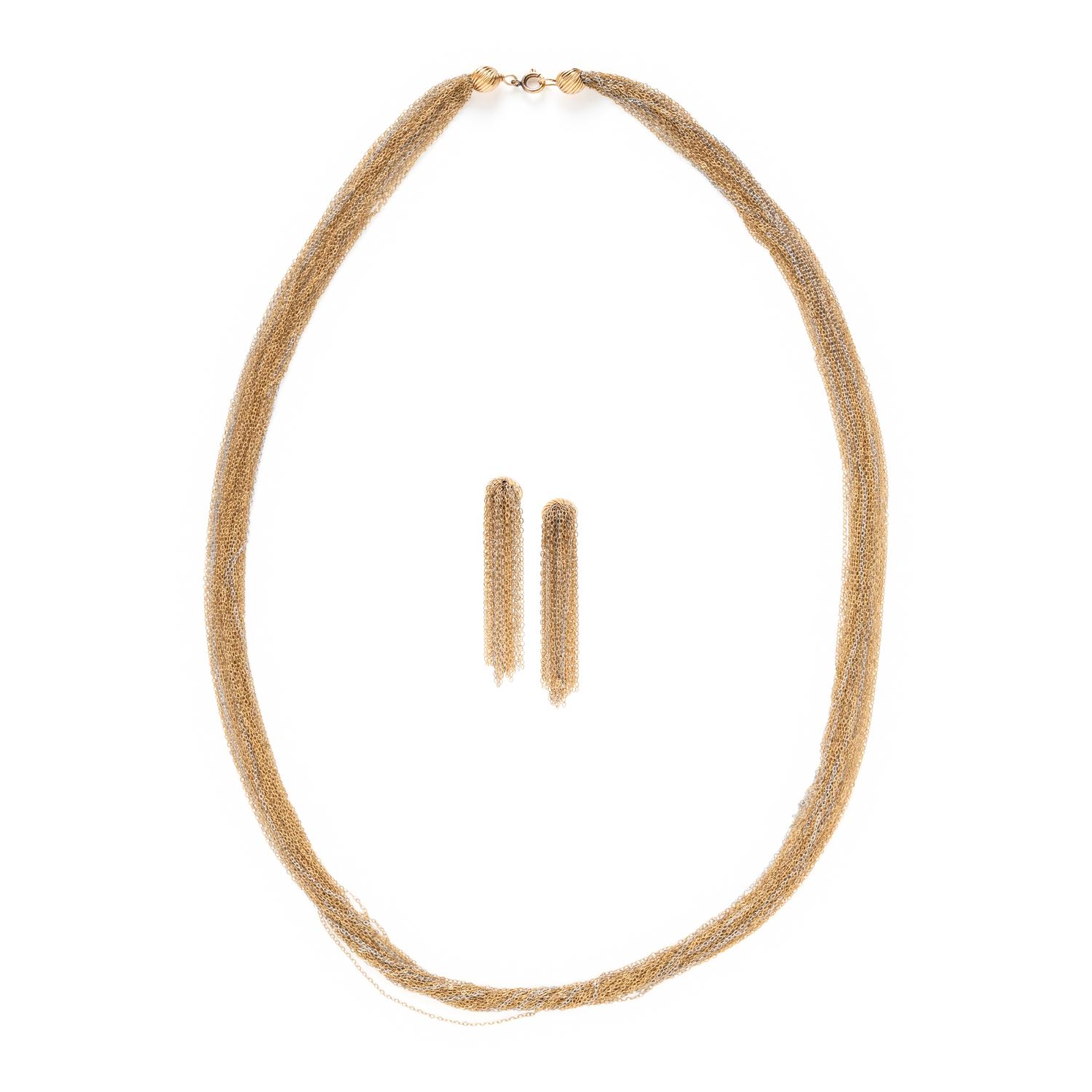 BICOLOR GOLD MULTISTRAND NECKLACE AND EARRINGS
