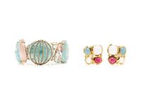 YELLOW GOLD AND MULTIGEM CLIP EARRINGS AND BRACELET