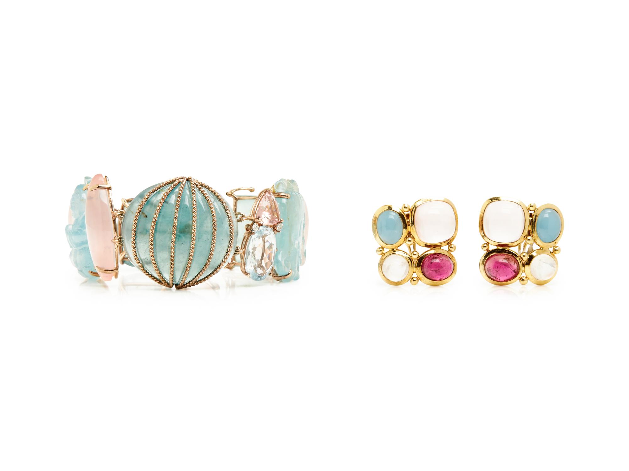 YELLOW GOLD AND MULTIGEM CLIP EARRINGS AND BRACELET