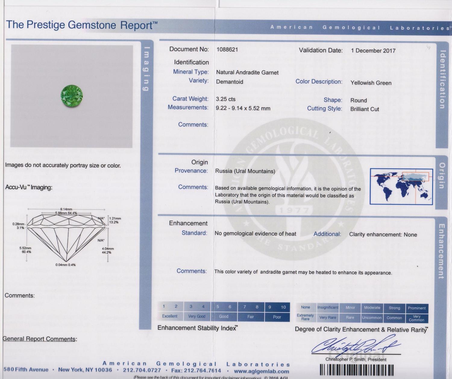 A 3.25 Carat Round Mixed Cut Russian Demantoid Garnet,