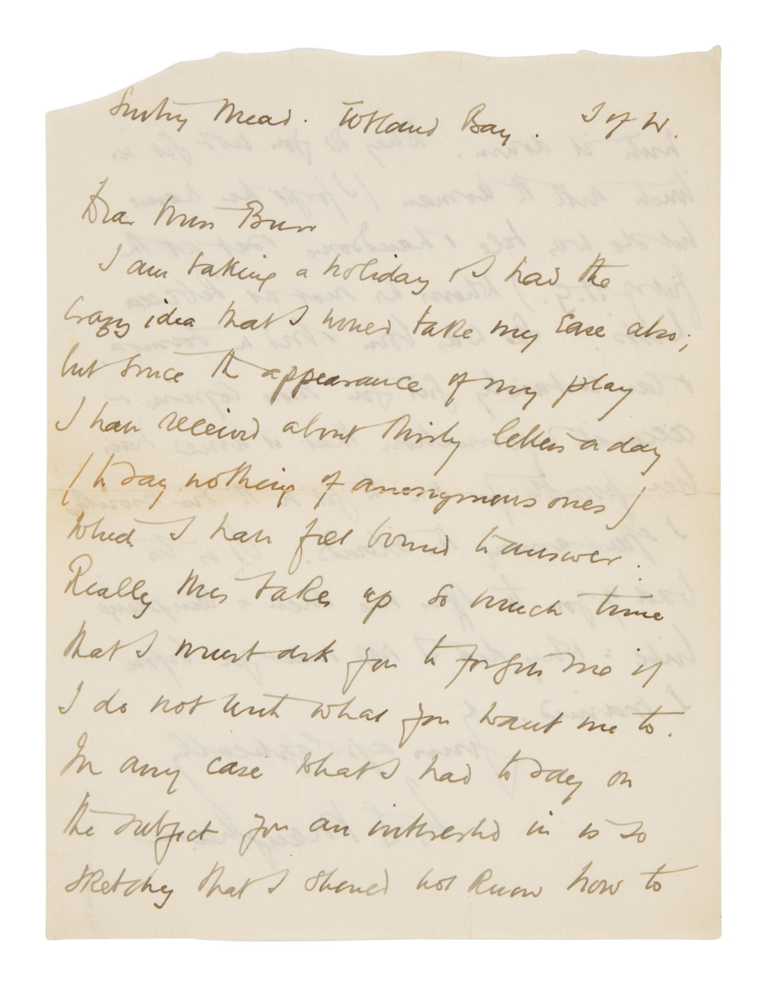 Maugham, W. Somerset (1874-1965). Autograph letter signed ("W.S. Maugham"), to Miss Burr, Sentry Mead, Totland Bay, Island of Wight, August 1920.