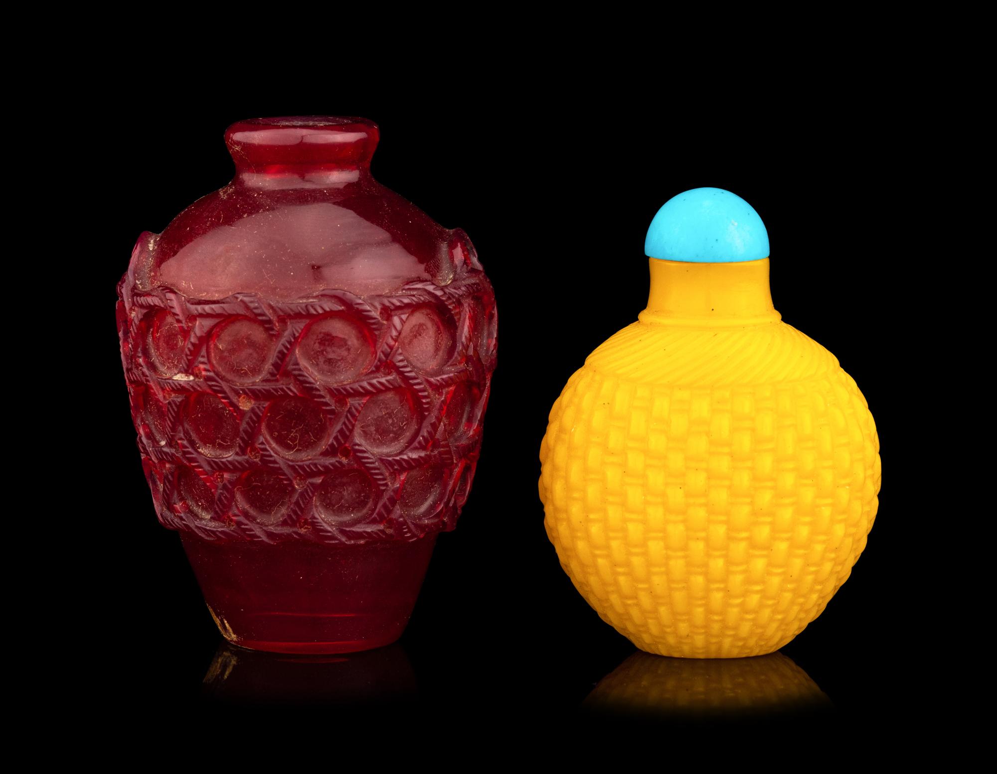 Two Chinese Peking Glass 'Basket-Weave' Snuff Bottles
