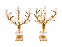 A Pair of Rock Crystal and Gilt Metal Three Light Candelabra