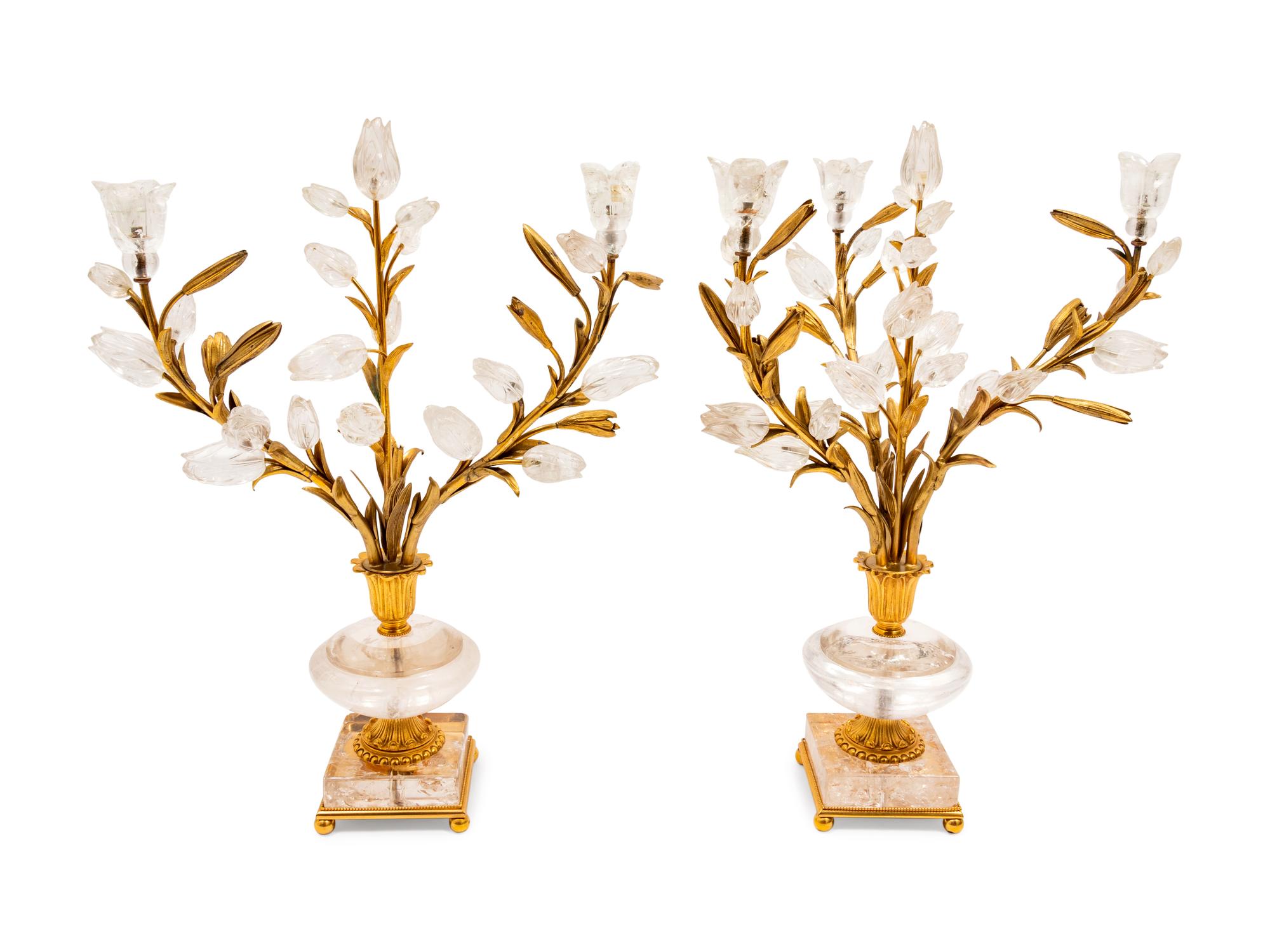 A Pair of Rock Crystal and Gilt Metal Three Light Candelabra