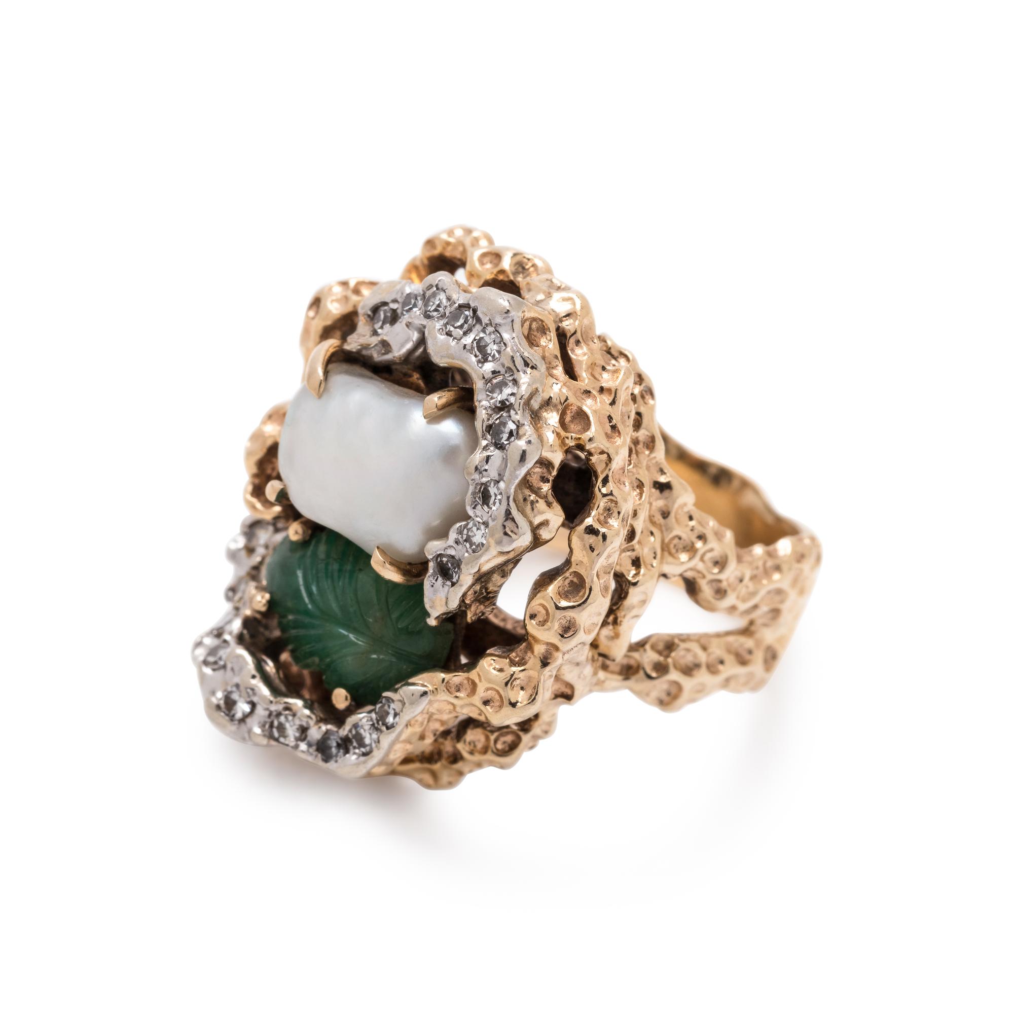 EMERALD, CULTURED BAROQUE PEARL AND DIAMOND RING