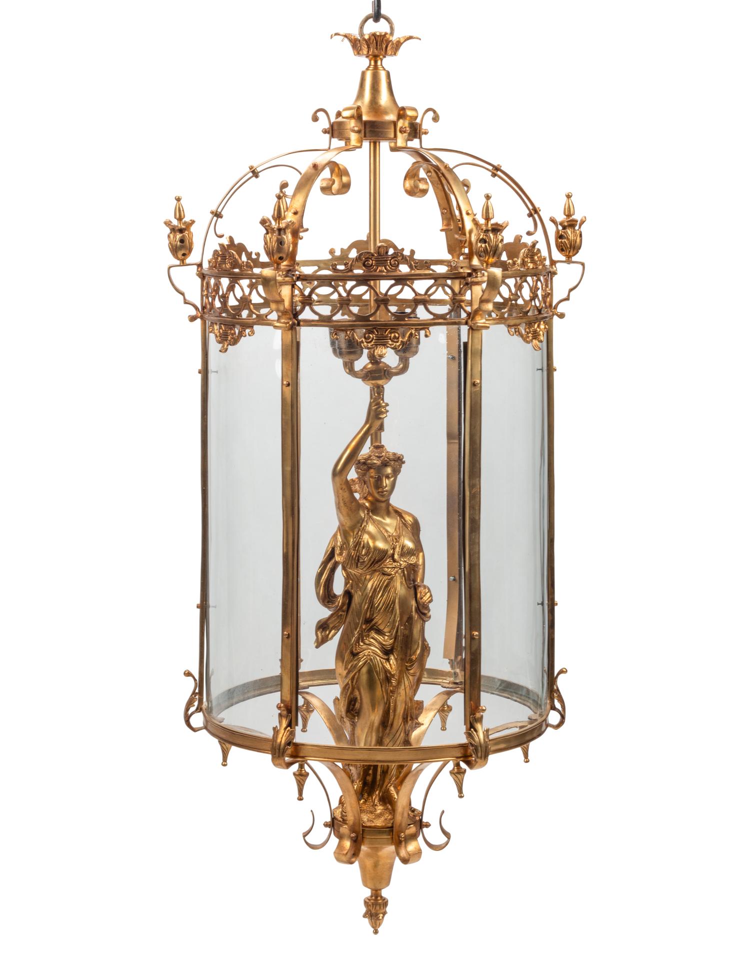 A Pair of Continental Gilt Bronze Figural Hall Lanterns