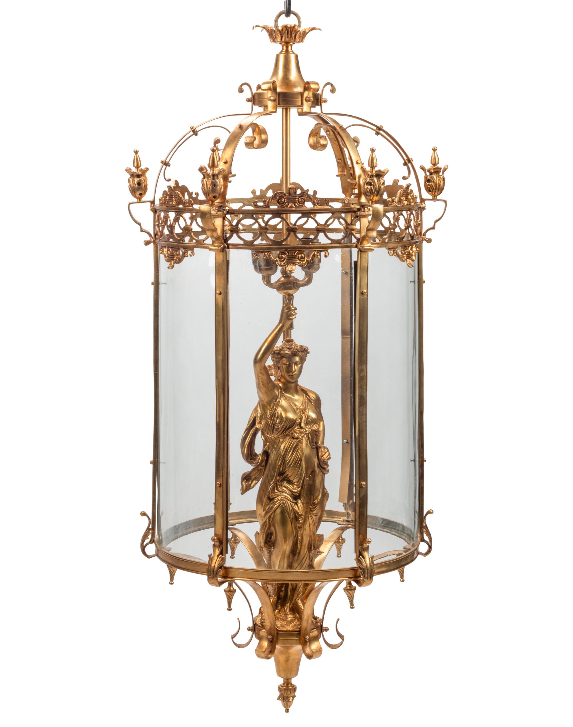 A Pair of Continental Gilt Bronze Figural Hall Lanterns
