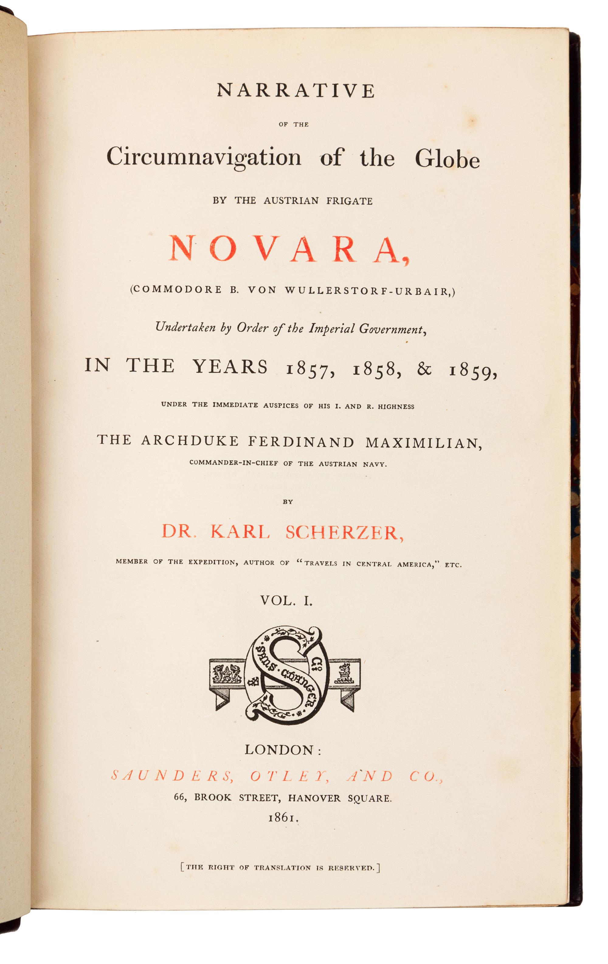 SCHERZER, Karl von. Narrative of the Circumnavigation of the Globe by the Austrian Frigate Novara. London, 1861-3. 1ST ED. IN ENGLISH.