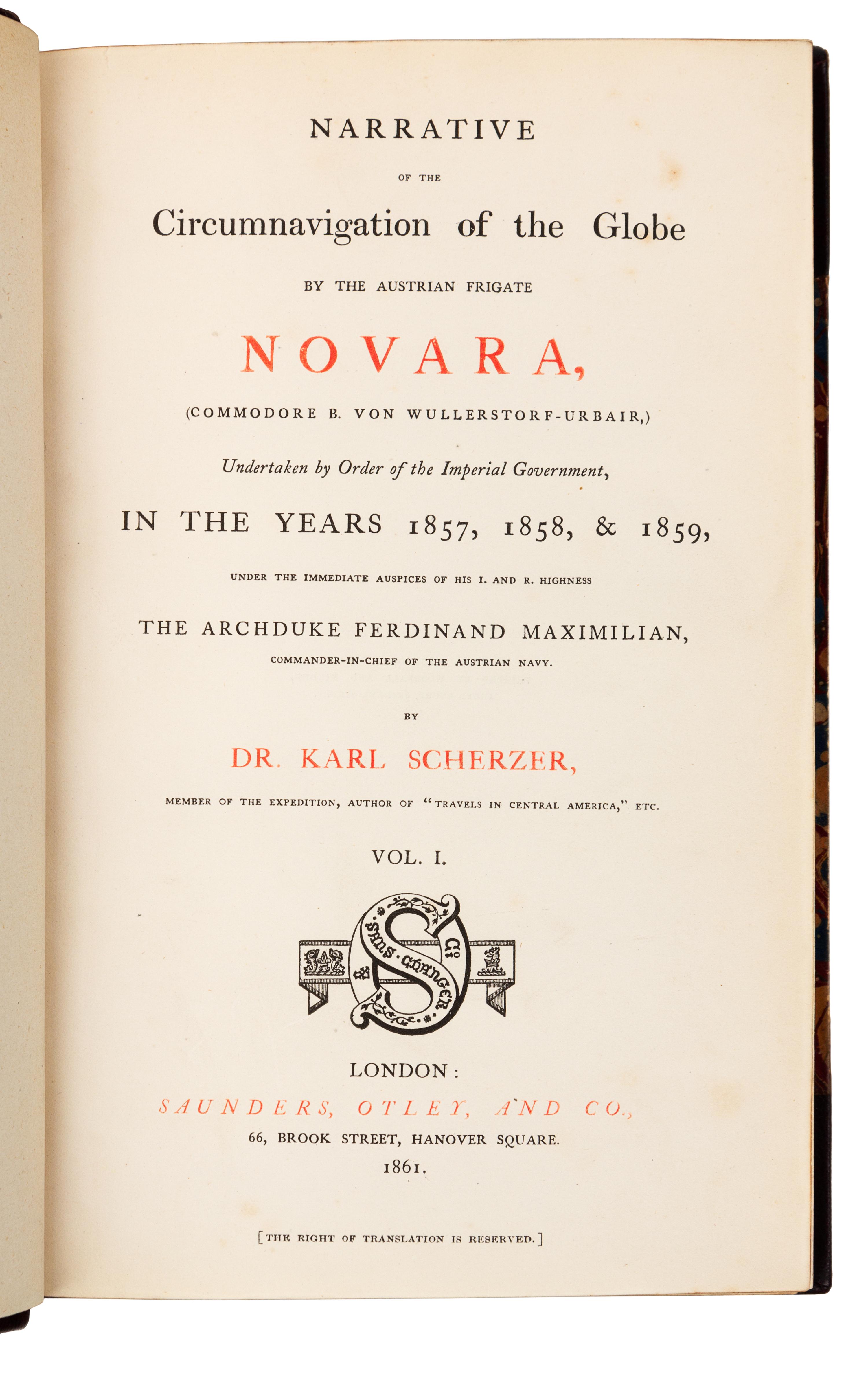 SCHERZER, Karl von. Narrative of the Circumnavigation of the Globe by the Austrian Frigate Novara. London, 1861-3. 1ST ED. IN ENGLISH.