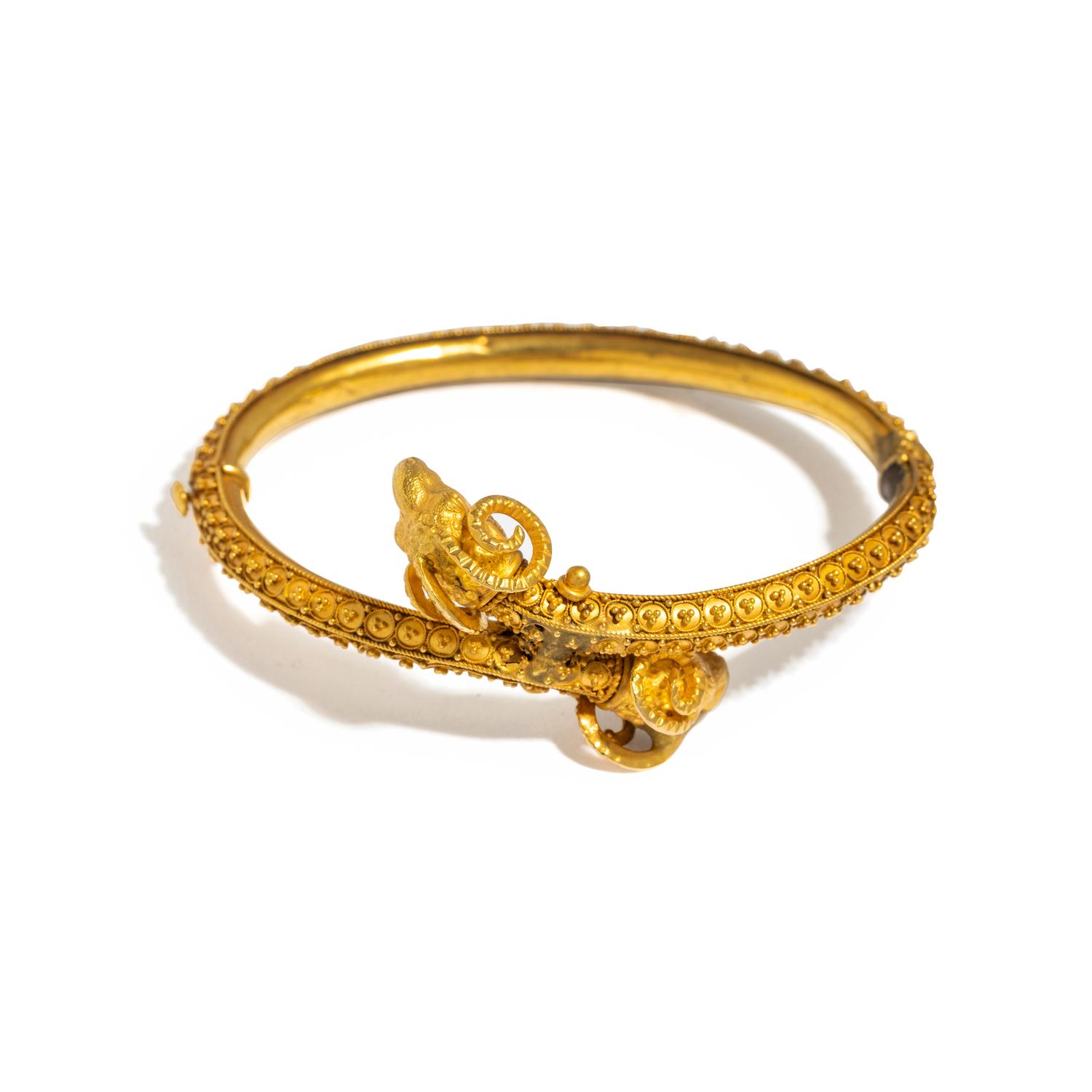 ANTIQUE, YELLOW GOLD RAM'S HEAD BANGLE BRACELET