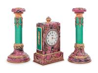 A Carved Hardstone, Enamel, 14-Karat Gold and Hardstone Mounted Three-Piece Clock Garniture