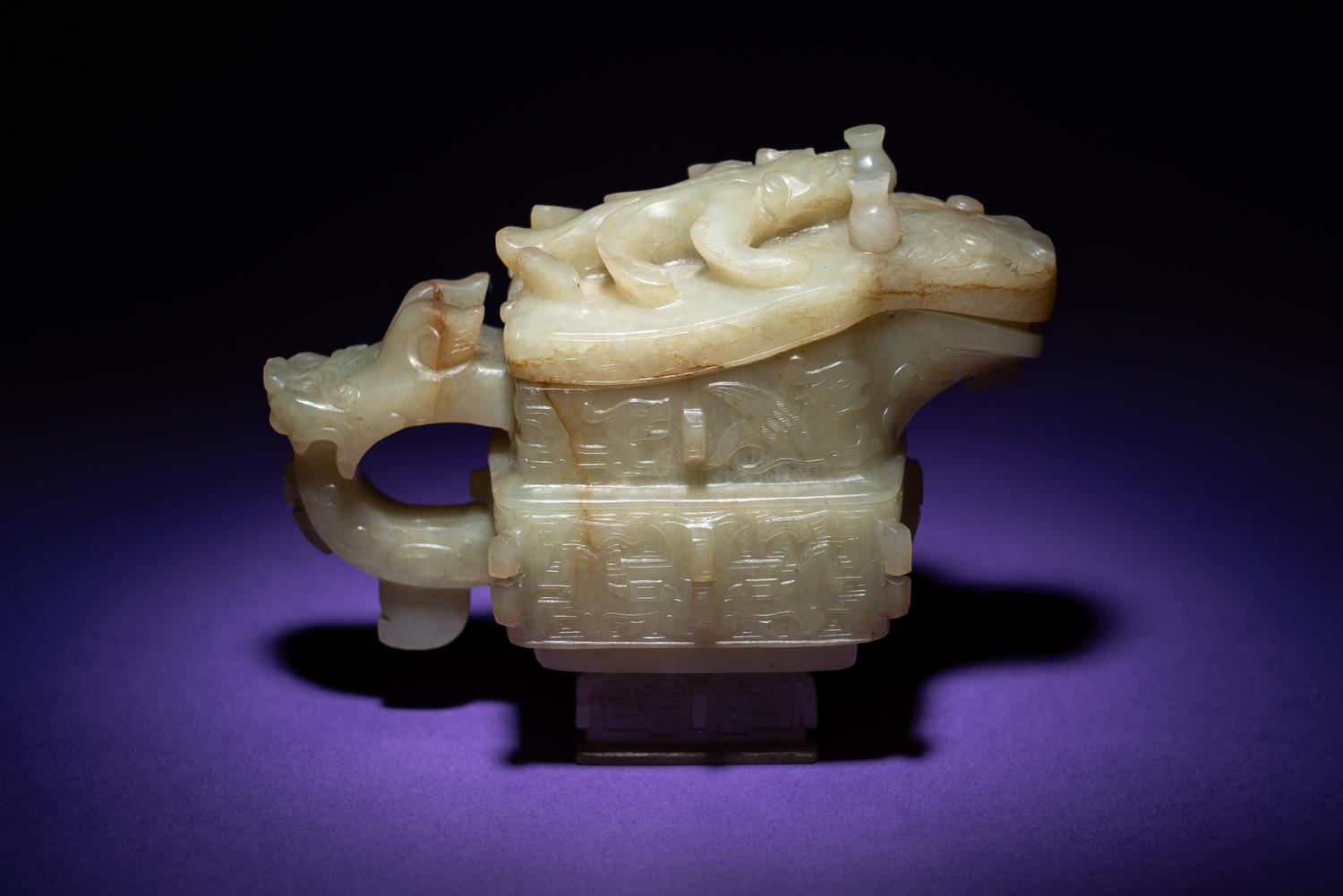 A Chinese Archaistic Pale Celadon Jade Wine Vessel, Gong