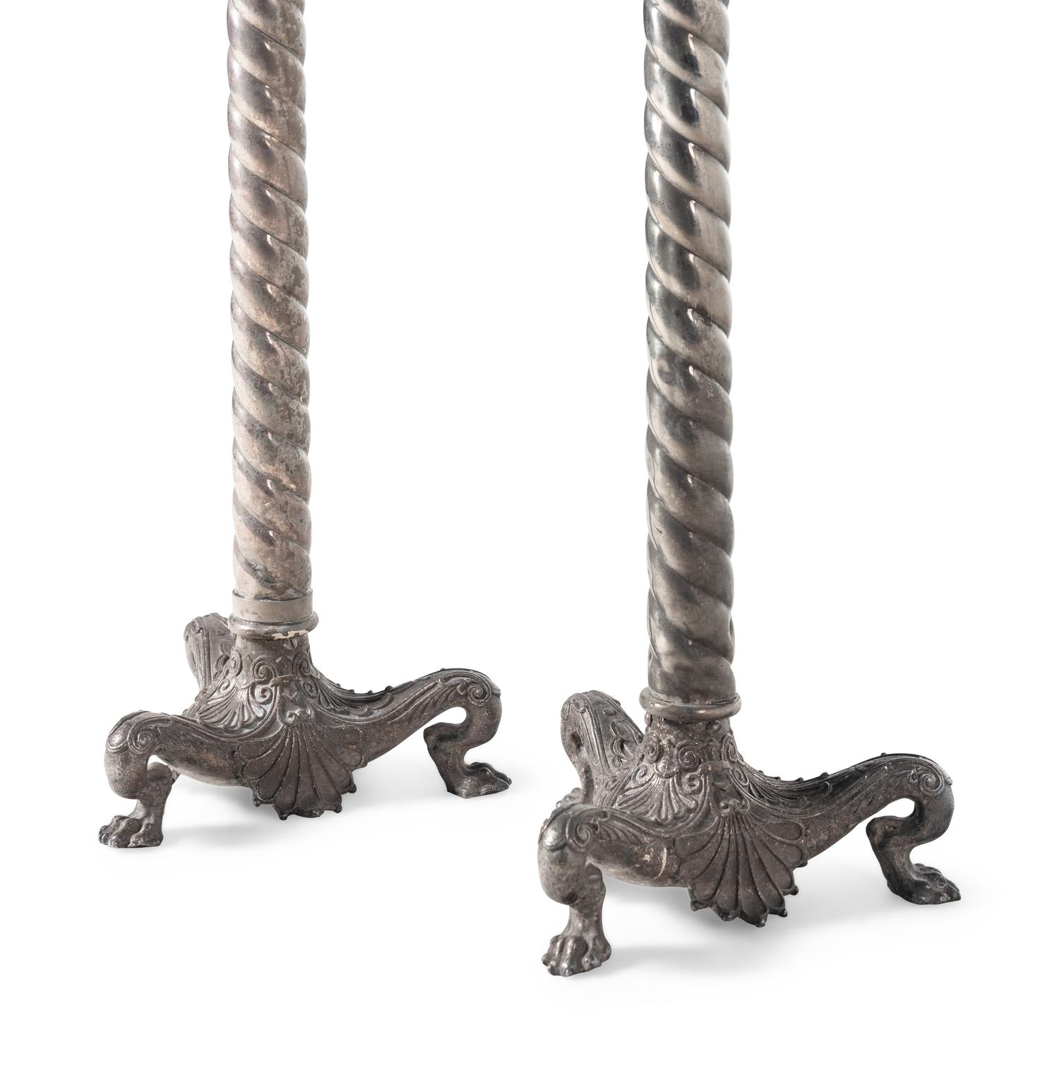 A Pair of Continental Neoclassical Style Silver-Plate Floor Lamps