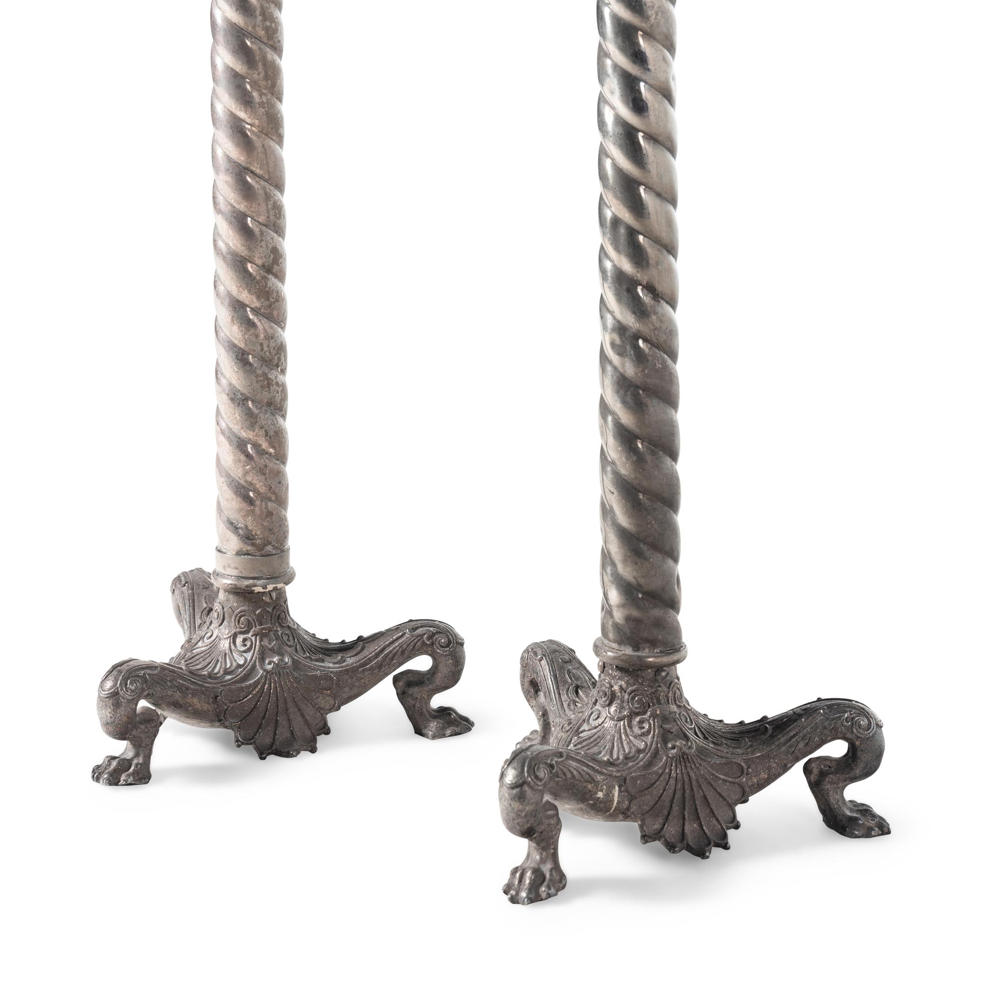 A Pair of Continental Neoclassical Style Silver-Plate Floor Lamps
