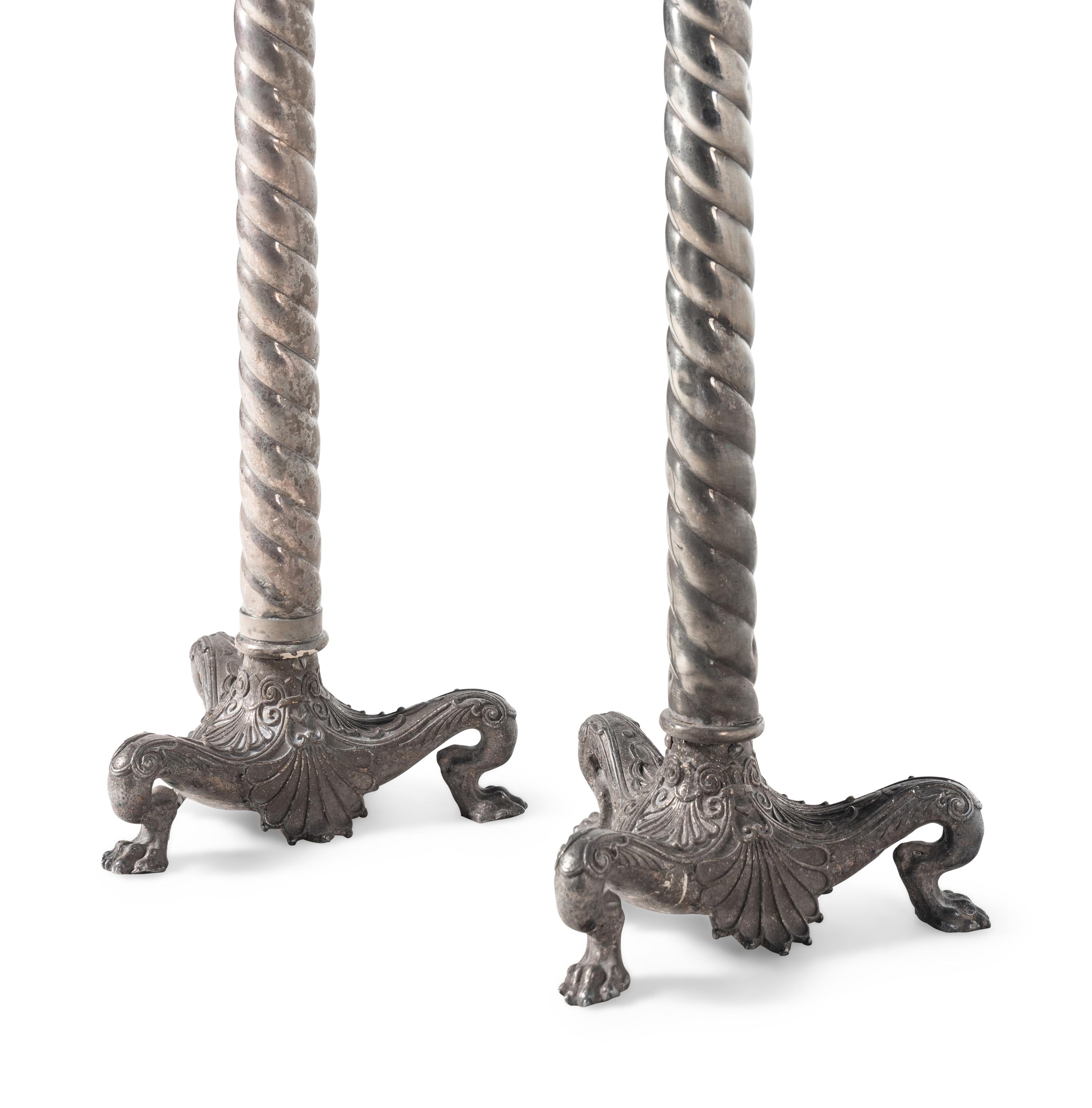 A Pair of Continental Neoclassical Style Silver-Plate Floor Lamps