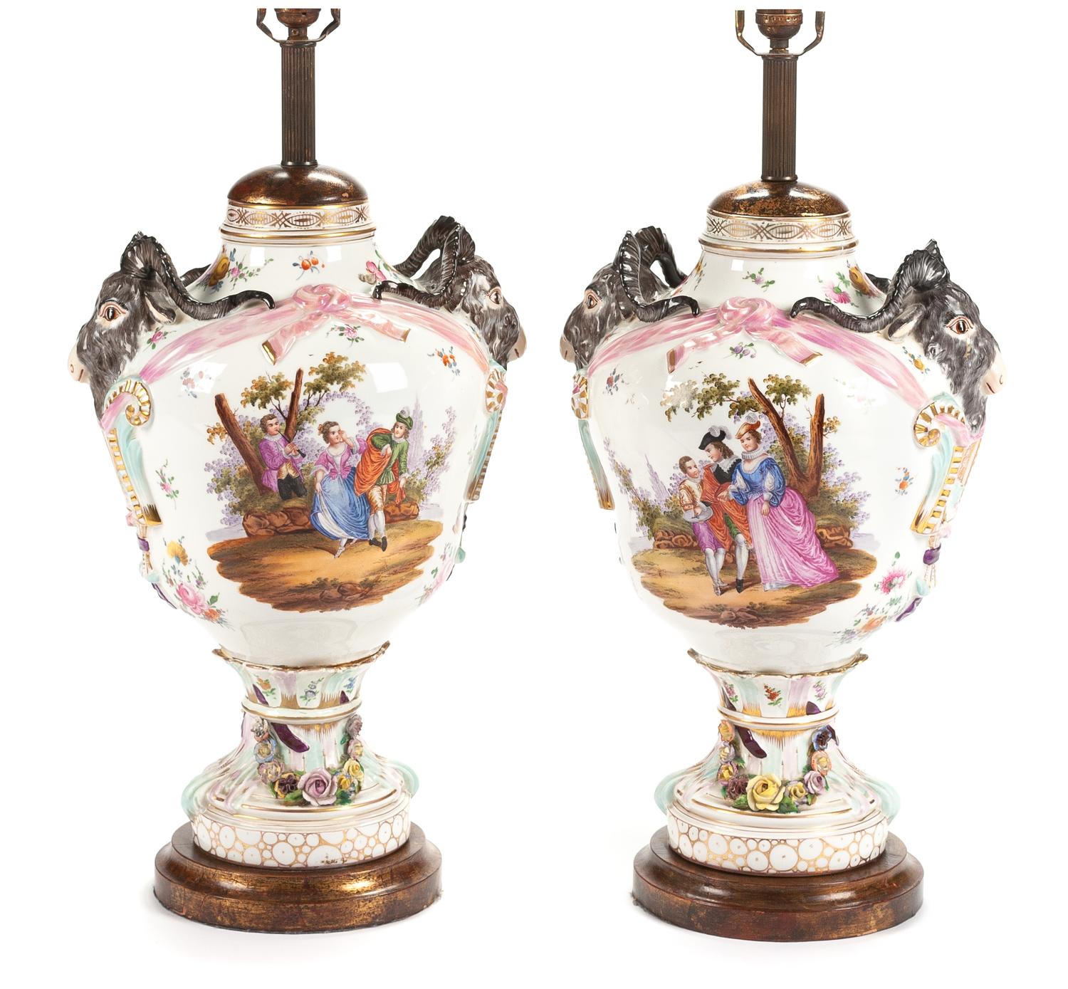 A Pair of Dresden Porcelain Urns Height of porcelain 20 inches. — 19TH CENTURY